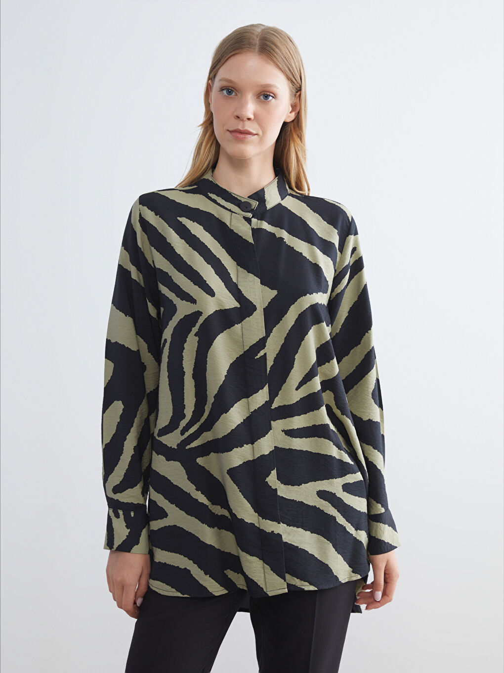 Grandad Collar Patterned Women's Shirt Tunic