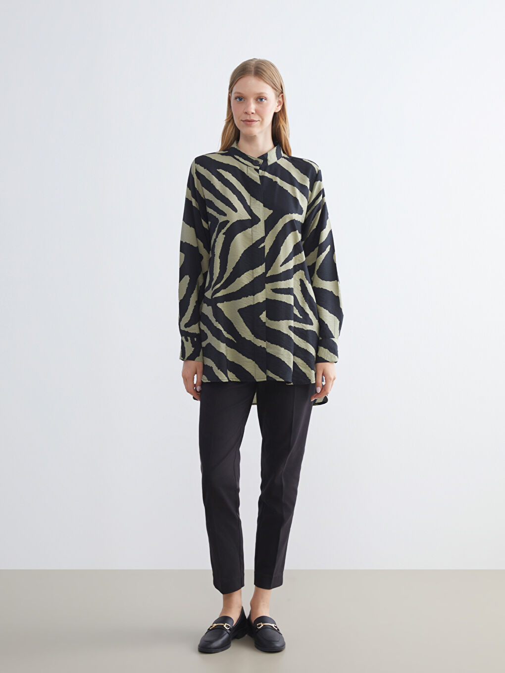 Grandad Collar Patterned Women's Shirt Tunic-1