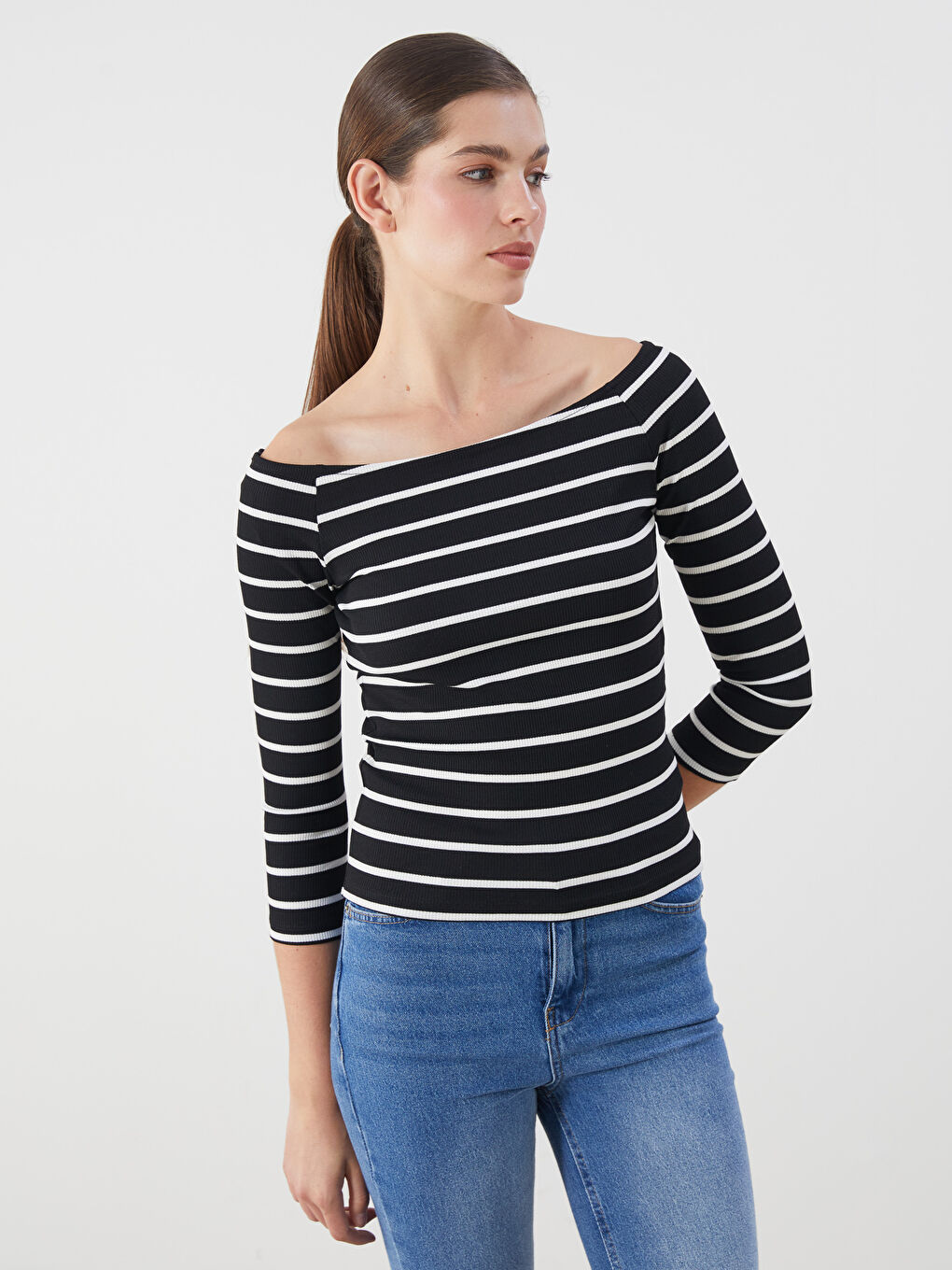 LCW ECO Slash Neck Striped Women's T-Shirt -W5ED47Z8-LEG