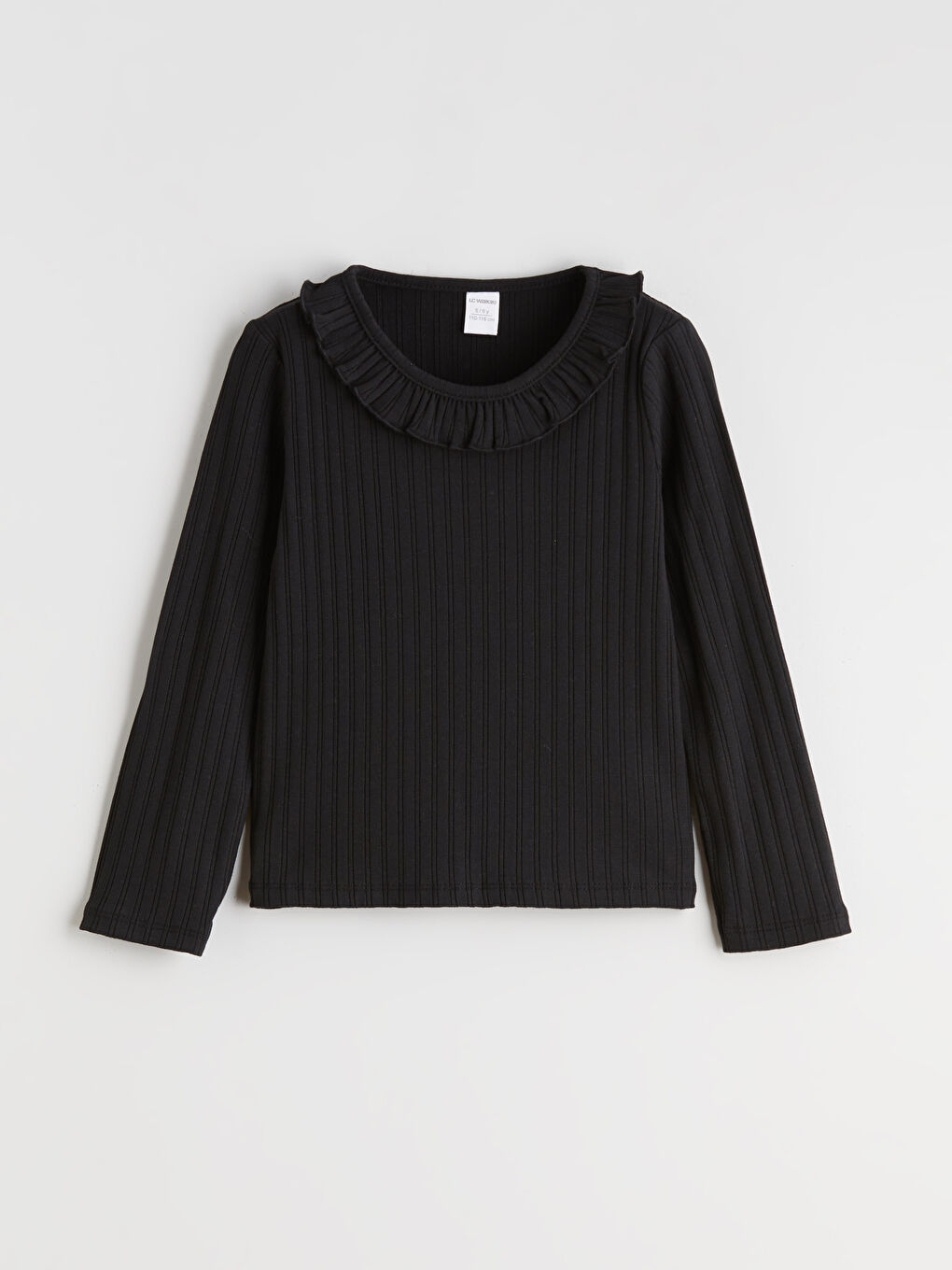 Siyah Fırfırlı Yaka Dokulu Kız Çocuk Tişört