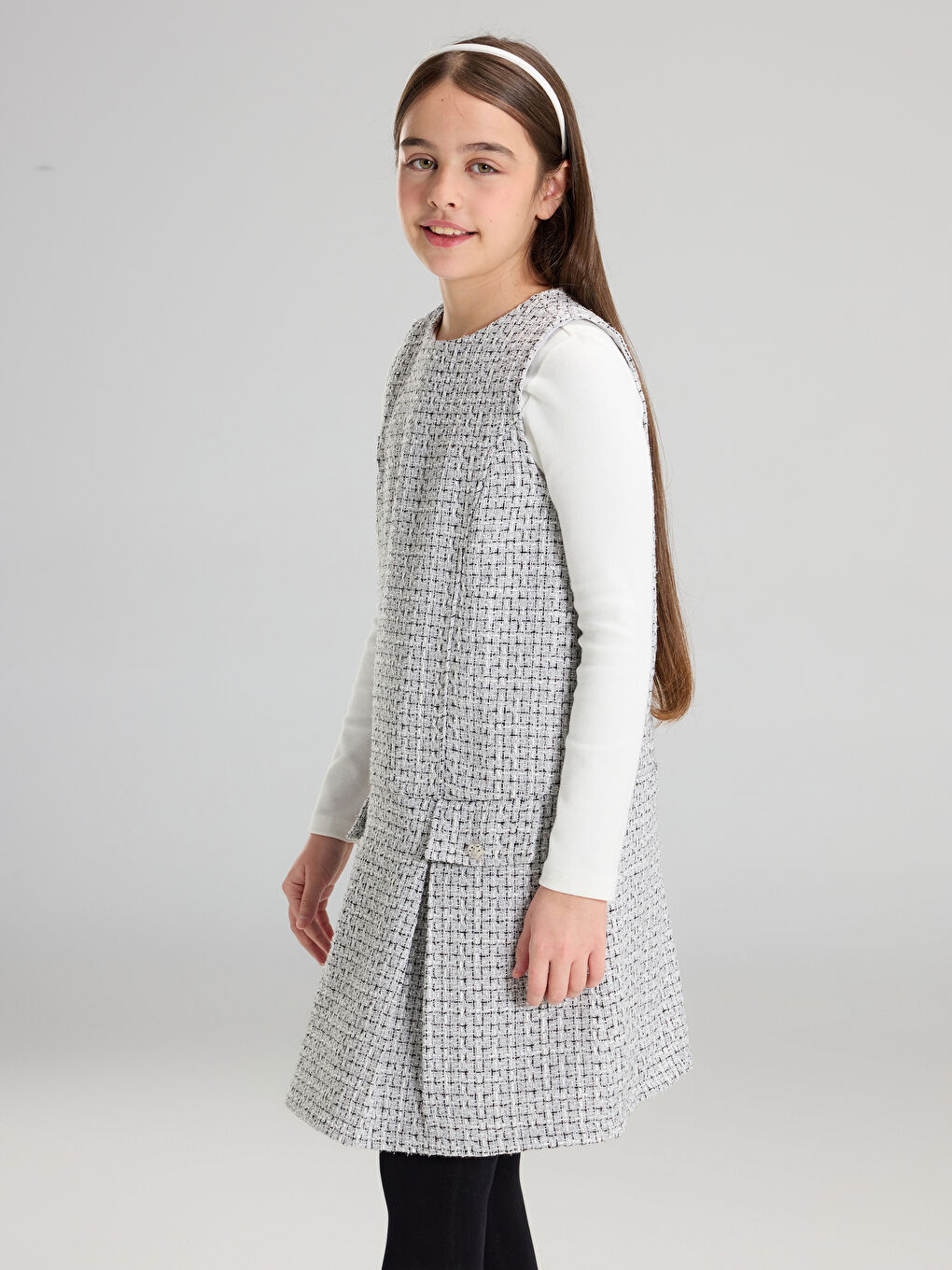 Gri Bisiklet Yaka Pileli Kız Çocuk Tüvit Elbise