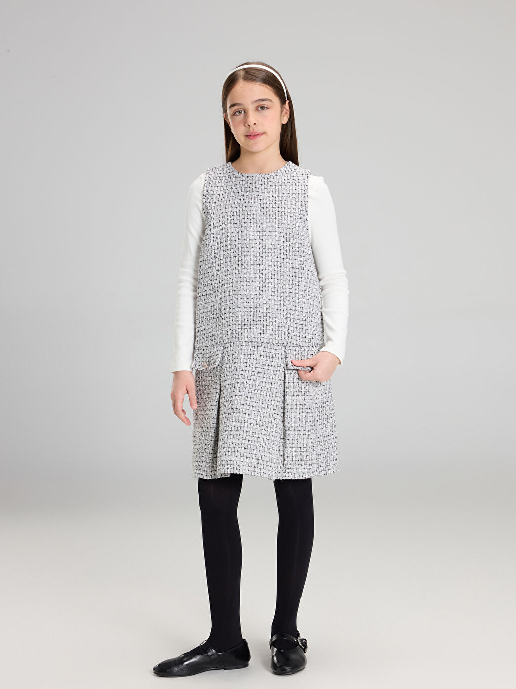 Gri Bisiklet Yaka Pileli Kız Çocuk Tüvit Elbise-1