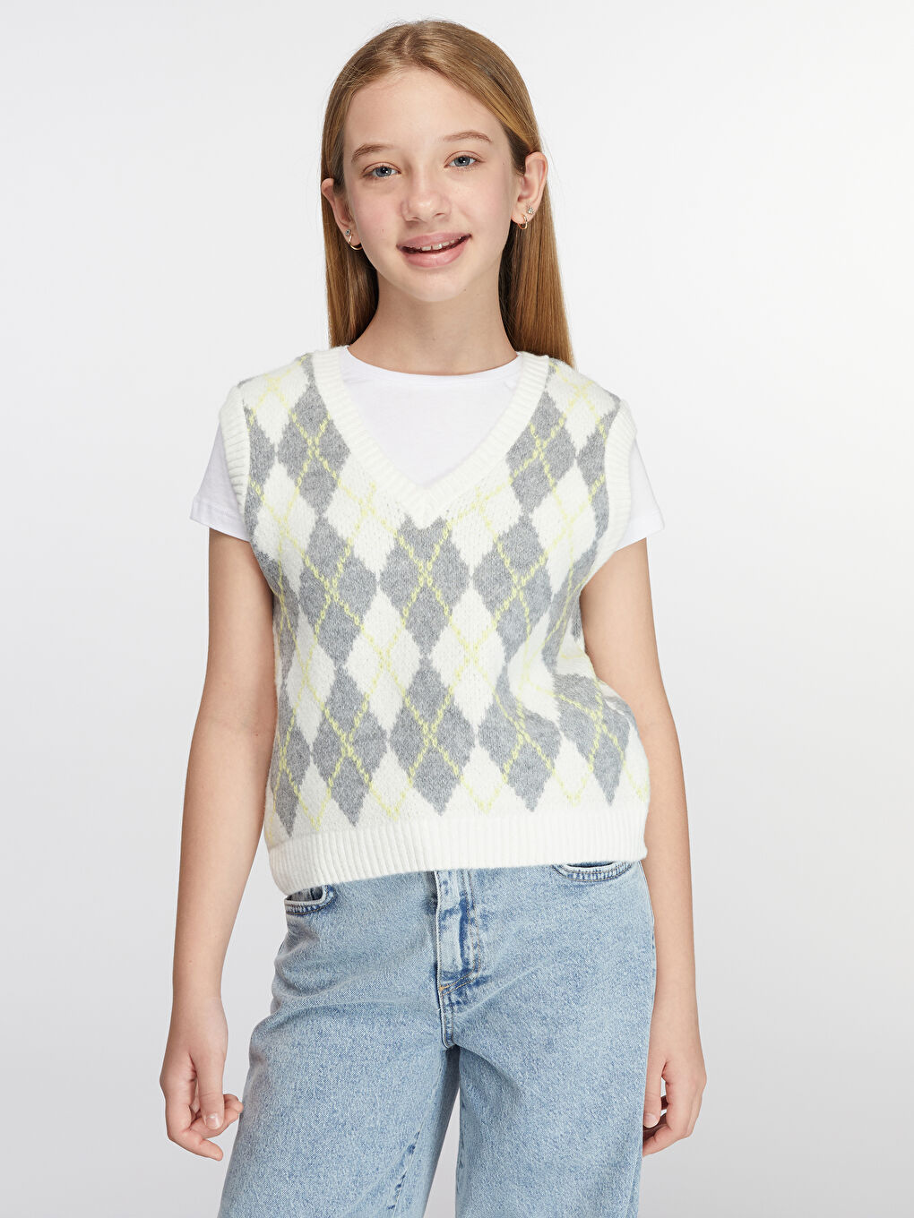 Ekru V Yaka Kız Çocuk Triko Süveter
