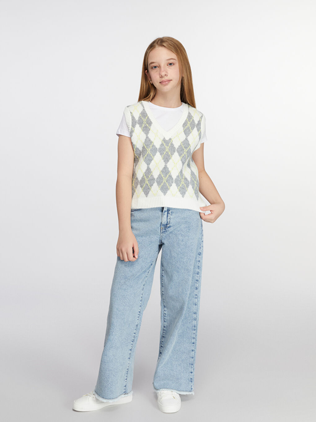 Ekru V Yaka Kız Çocuk Triko Süveter-1