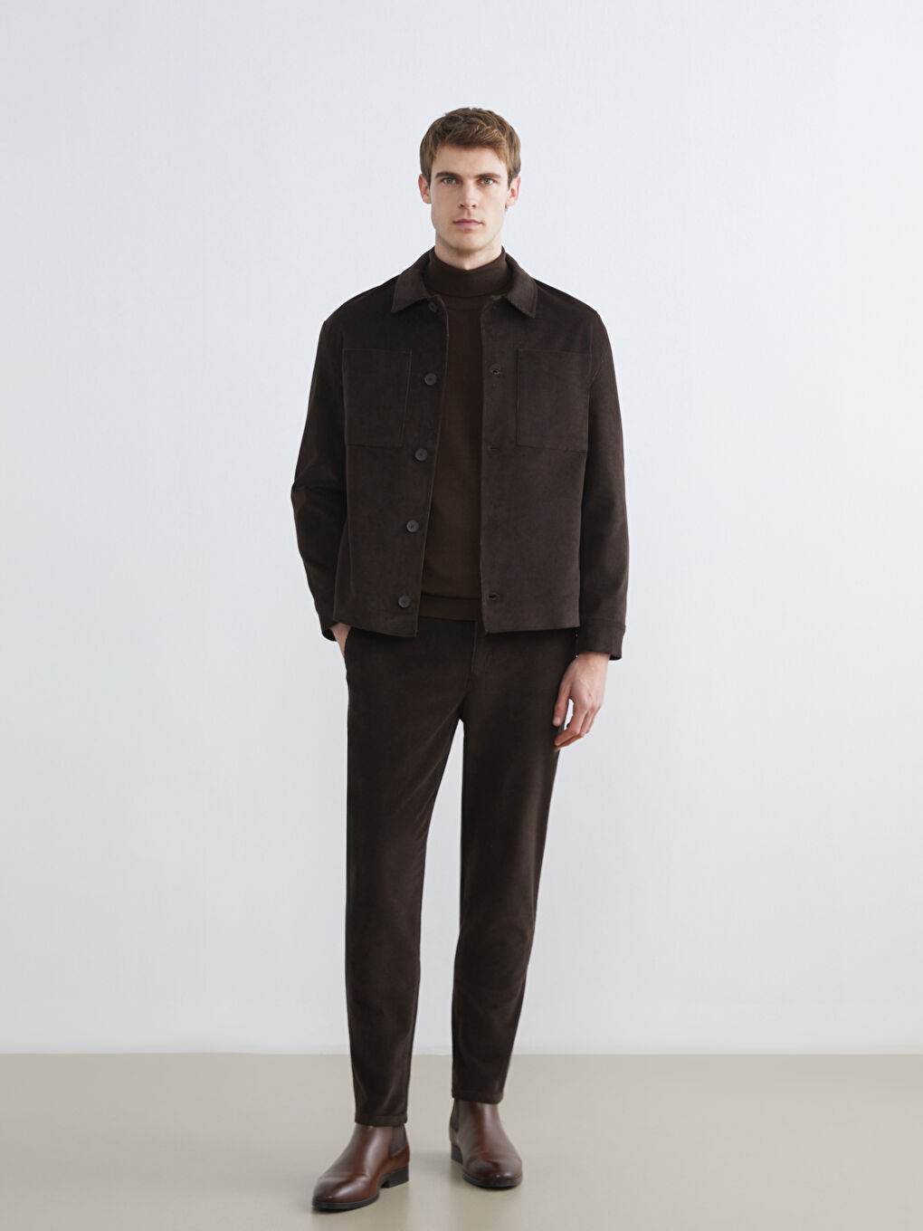 Kahverengi Regular Fit Uzun Kollu Kadife Erkek Gömlek Ceket-1