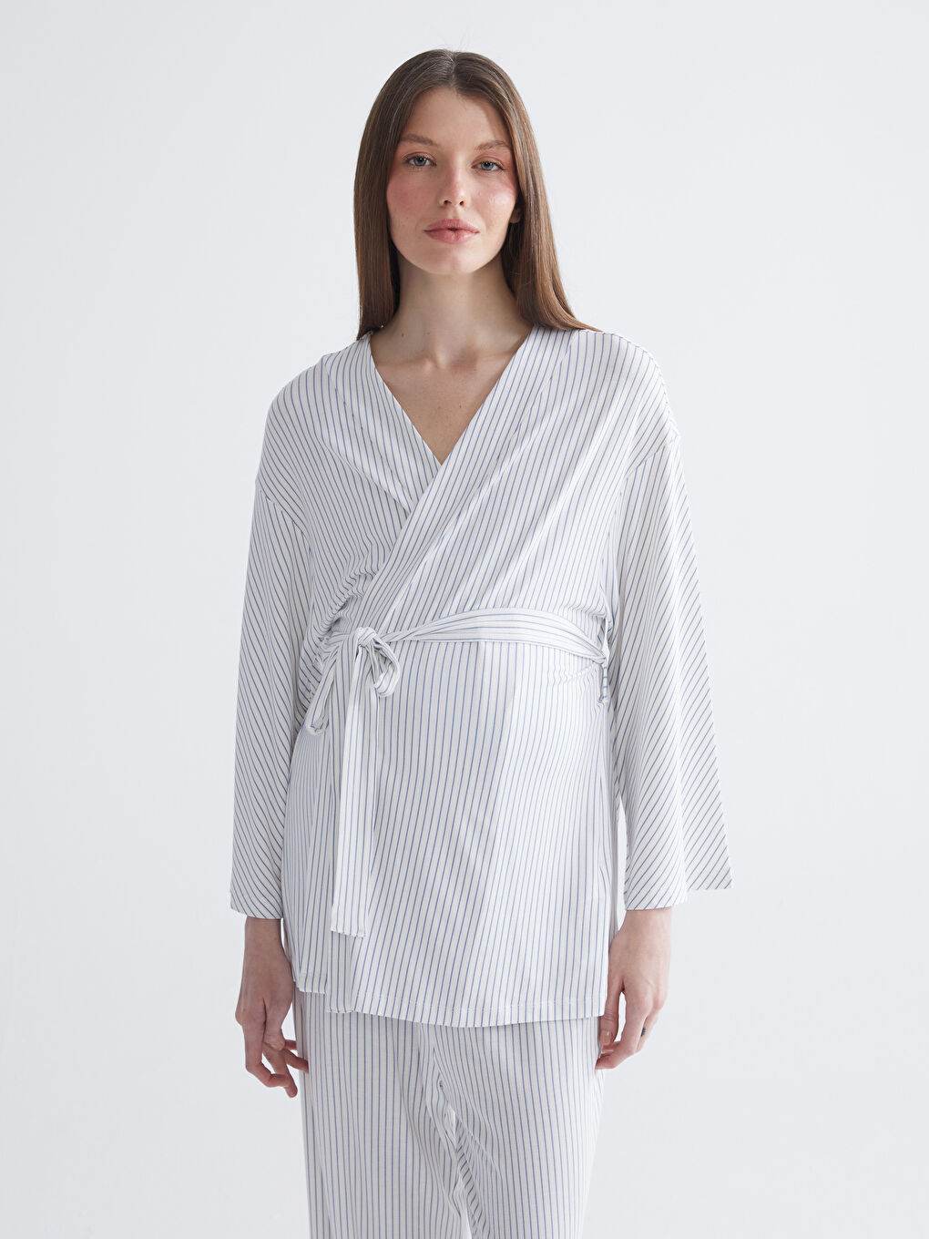 Mavi Şal Yaka Çizgili Hamile Pijama Takımı-1