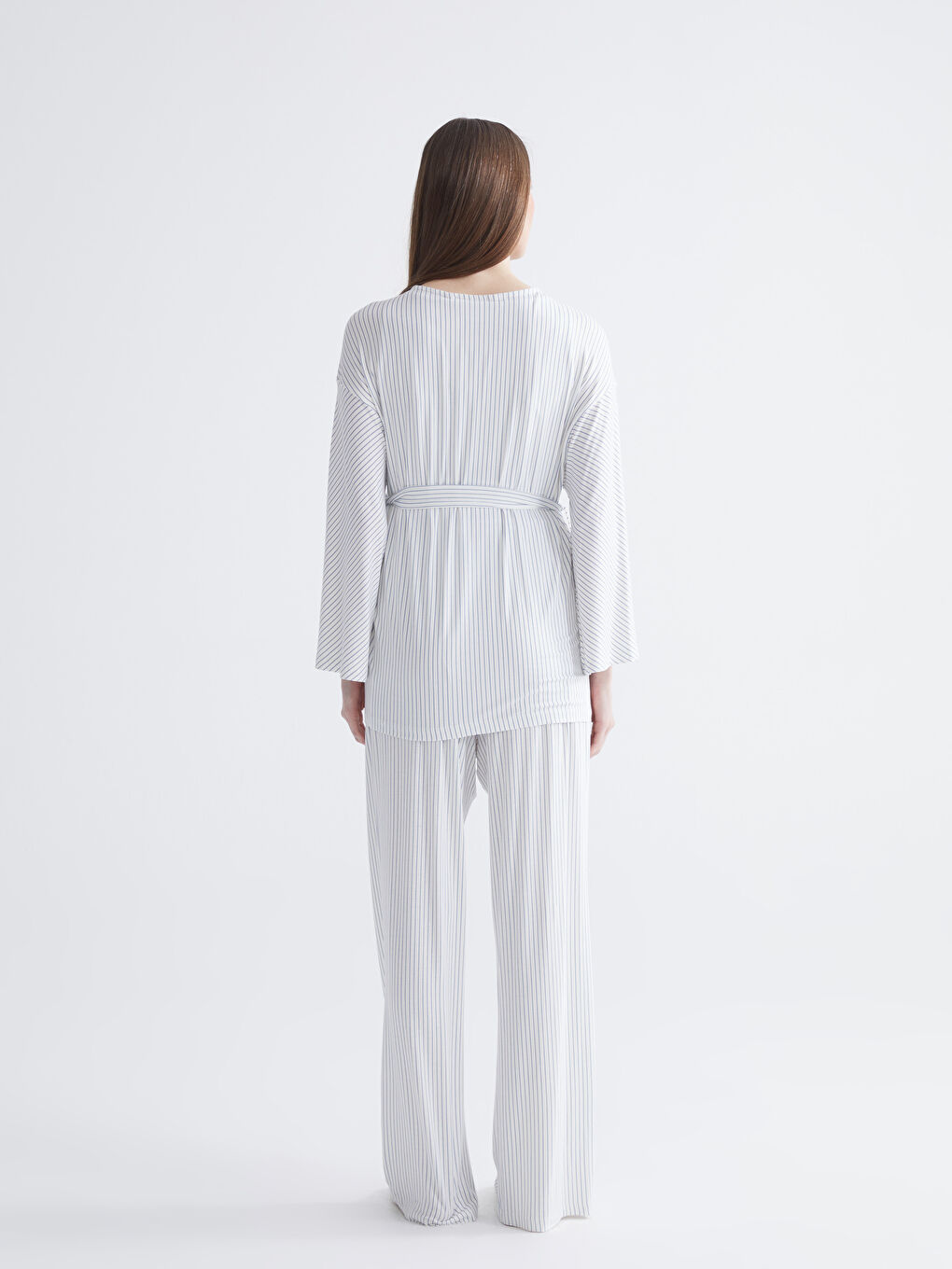 Mavi Şal Yaka Çizgili Hamile Pijama Takımı-3