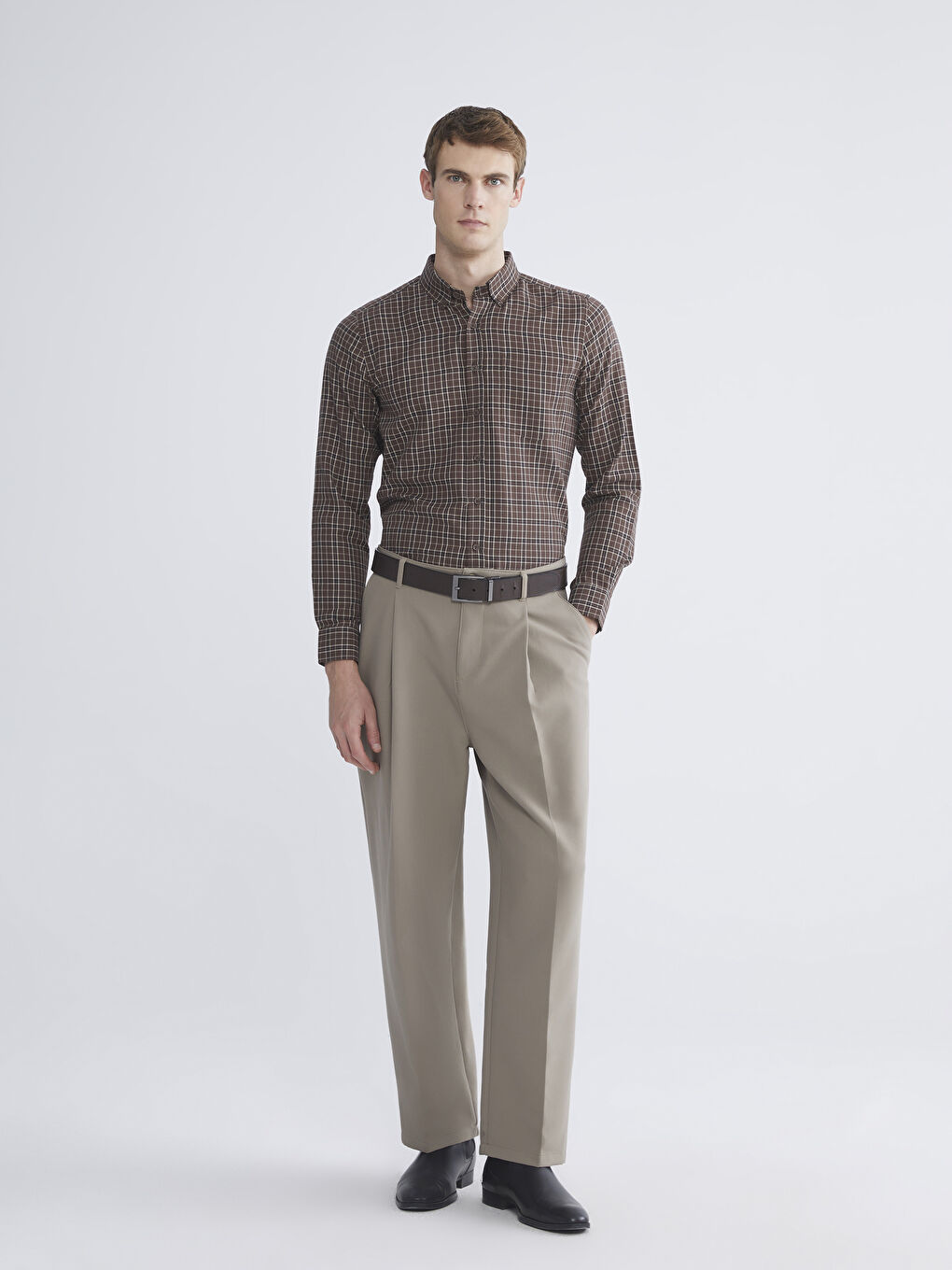 Kahverengi Regular Fit Uzun Kollu Ekose Gabardin Erkek Gömlek-1