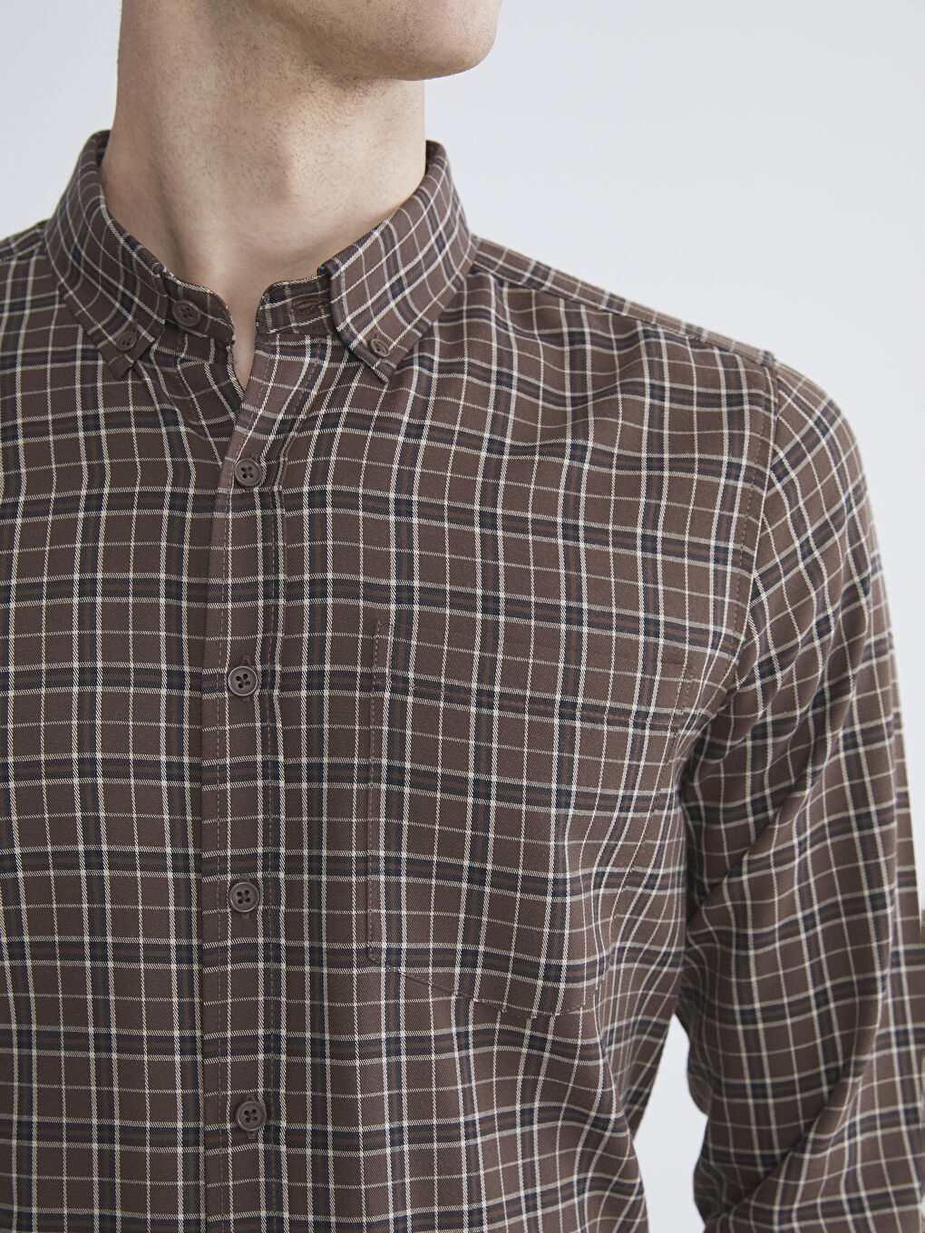 Kahverengi Regular Fit Uzun Kollu Ekose Gabardin Erkek Gömlek-2
