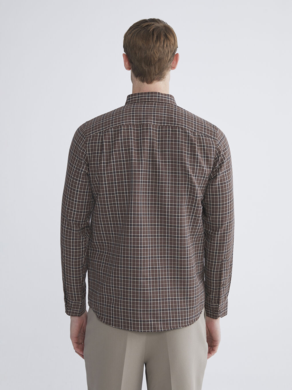 Kahverengi Regular Fit Uzun Kollu Ekose Gabardin Erkek Gömlek-3