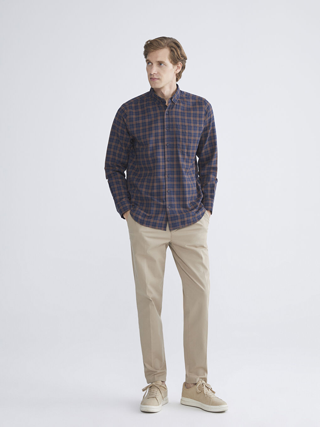 Regular Fit Uzun Kollu Ekose Gabardin Erkek Gömlek-1