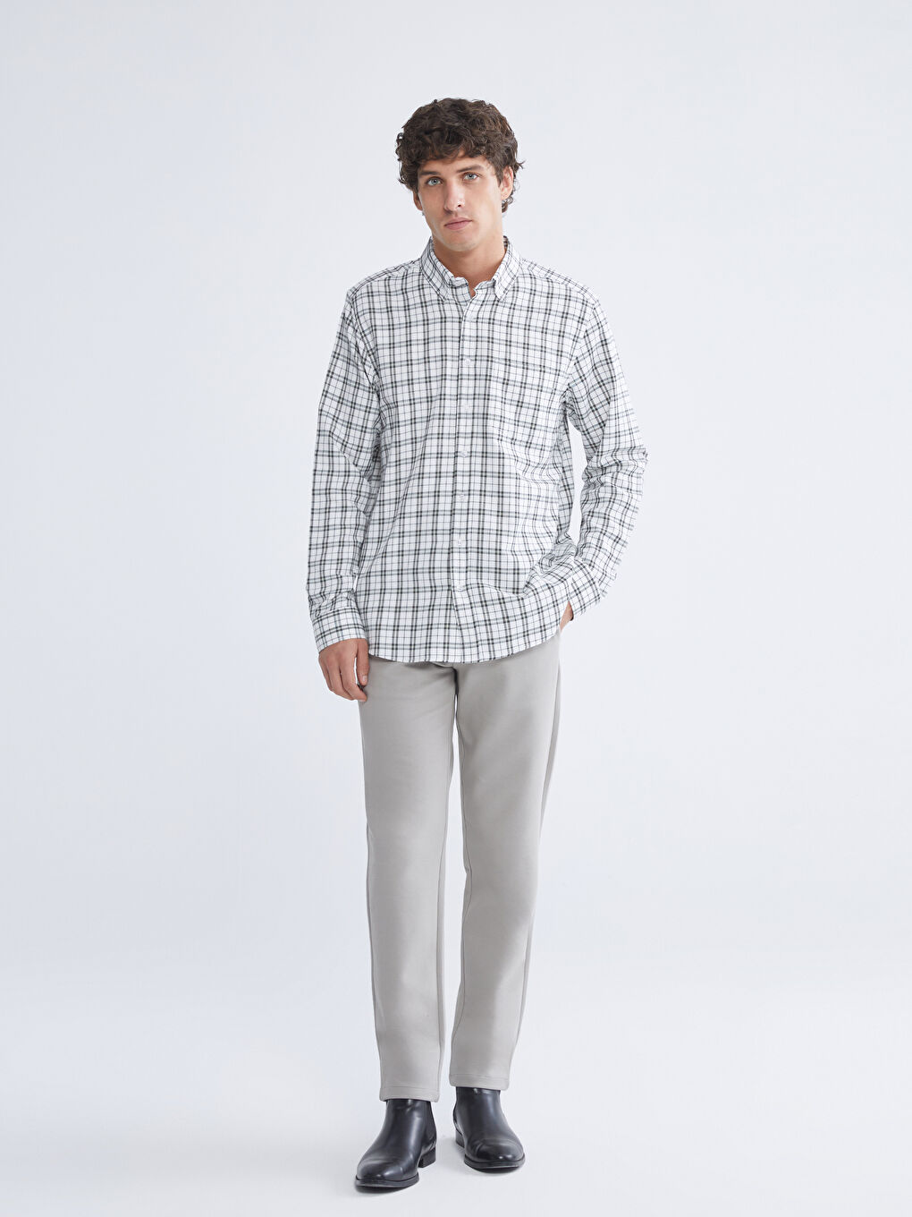 Ekru Regular Fit Uzun Kollu Ekose Gabardin Erkek Gömlek-1