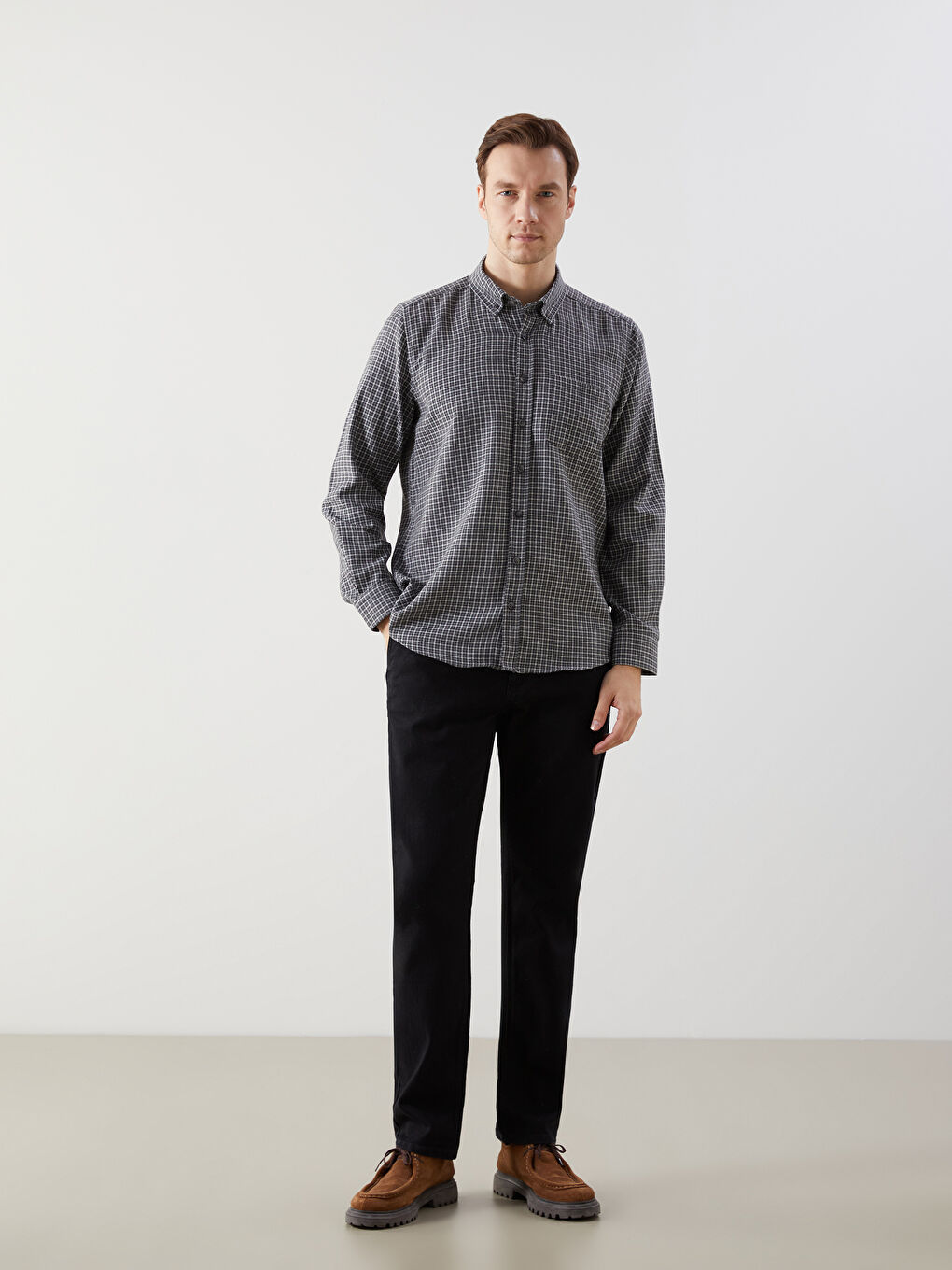 Siyah Regular Fit Uzun Kollu Ekose Erkek Gömlek-2