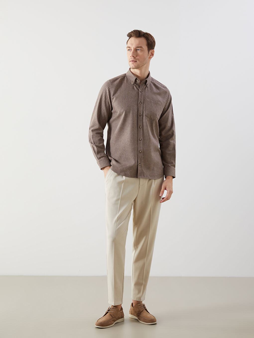 Kahverengi Regular Fit Uzun Kollu Ekose Erkek Gömlek-2