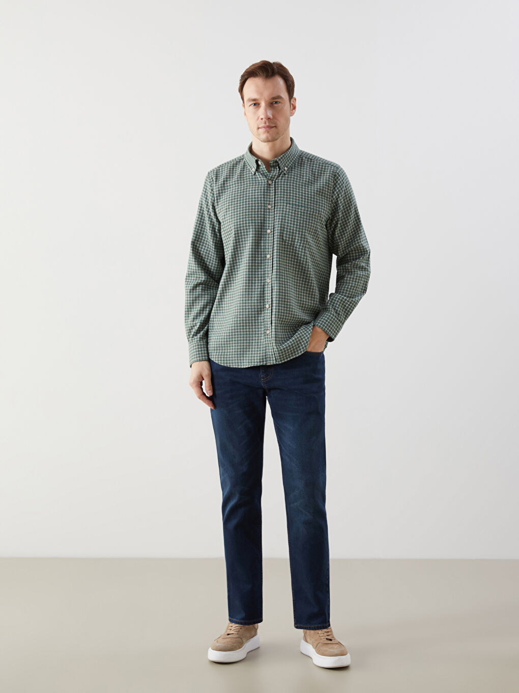 Yeşil Regular Fit Uzun Kollu Ekose Erkek Gömlek-2