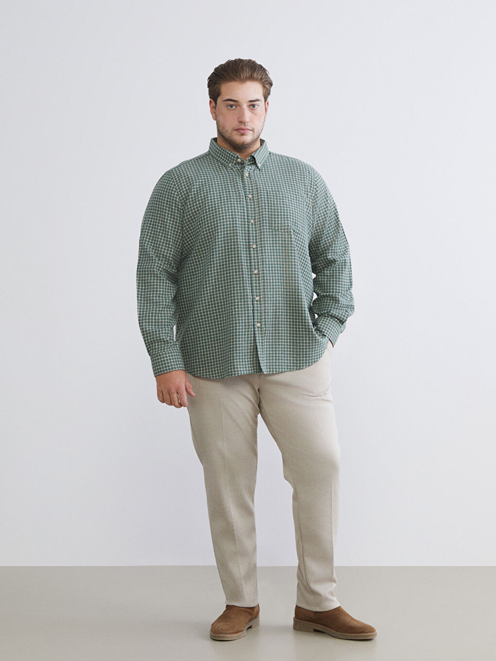 Yeşil Regular Fit Uzun Kollu Ekose Erkek Gömlek-5