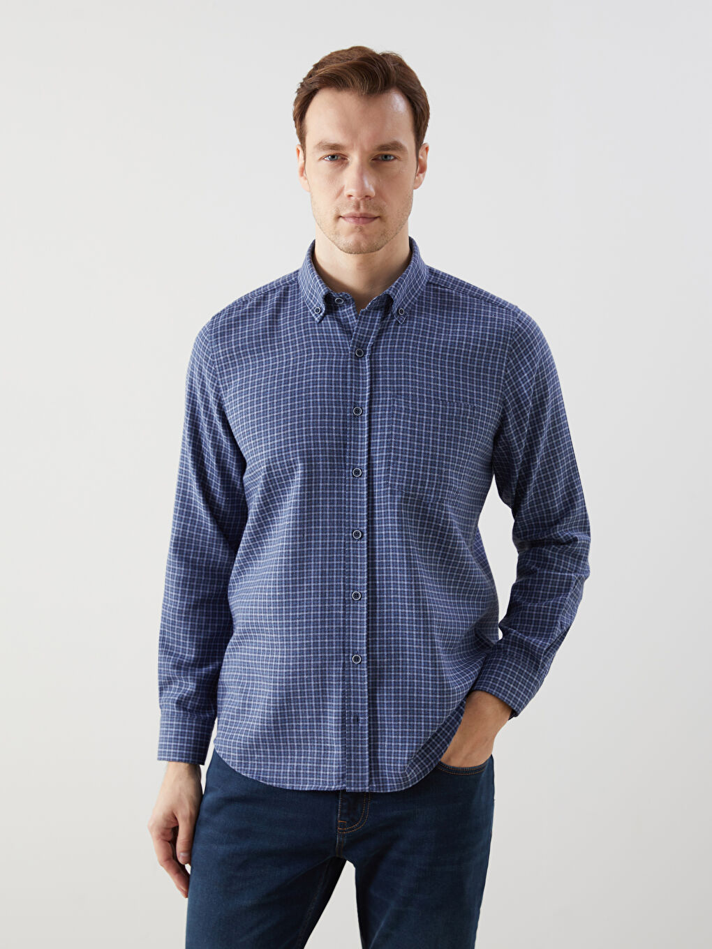LCWAIKIKI Classic Lacivert Regular Fit Uzun Kollu Ekose Erkek Gömlek