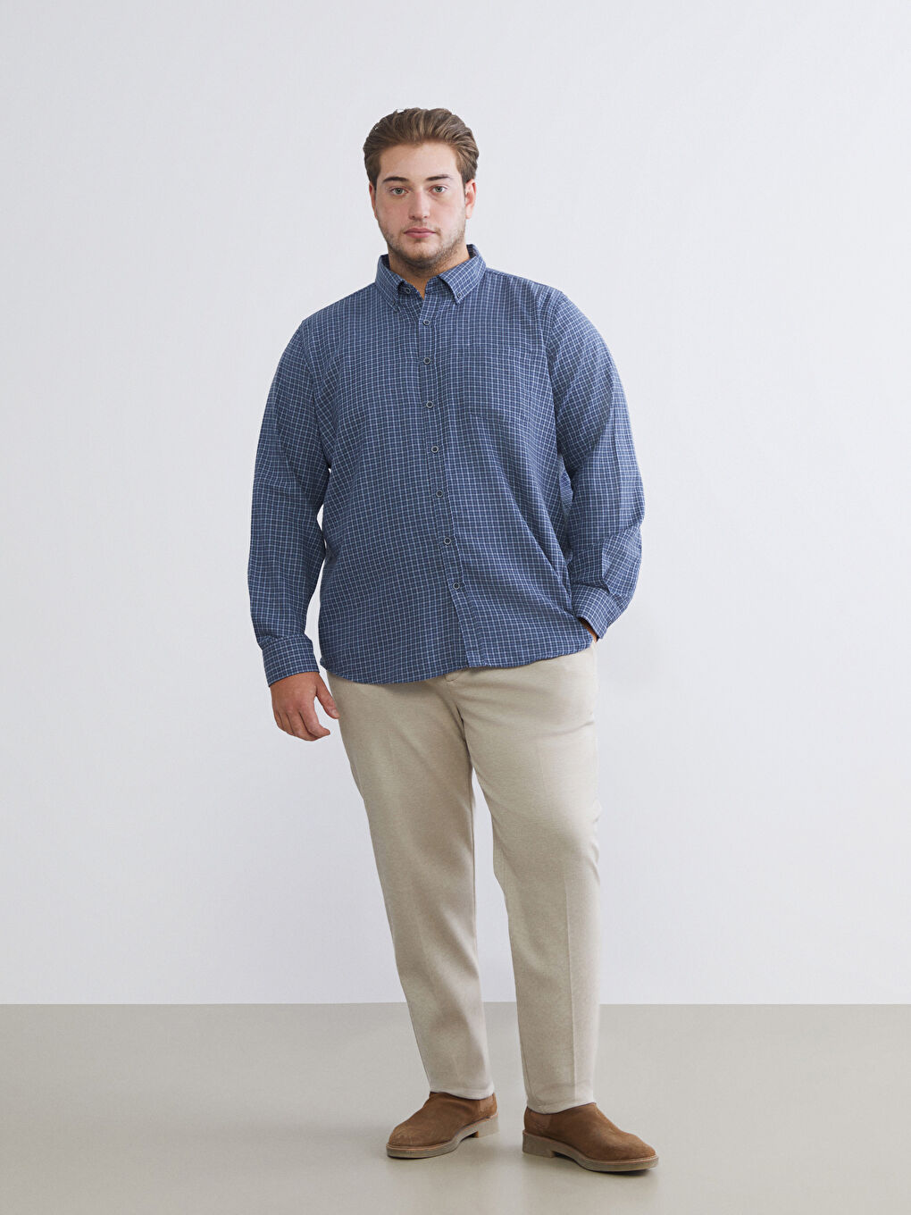 Lacivert Regular Fit Uzun Kollu Ekose Erkek Gömlek-5