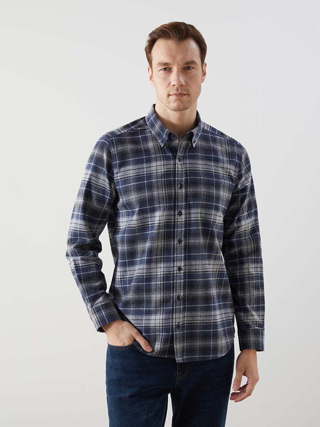 Lacivert Regular Fit Uzun Kollu Ekose Gabardin Erkek Gömlek