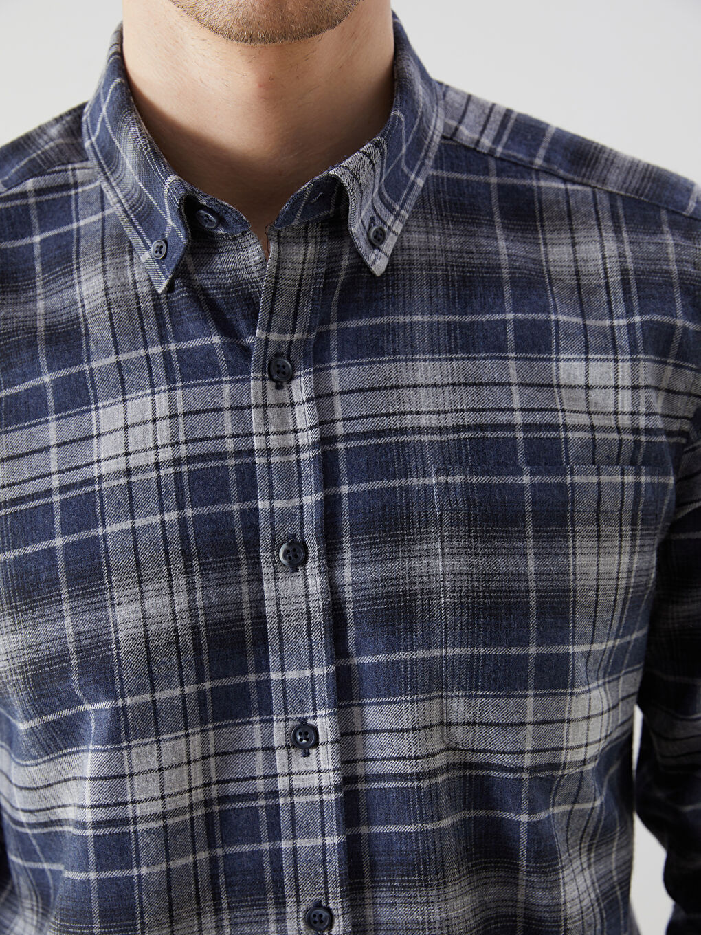 Lacivert Regular Fit Uzun Kollu Ekose Gabardin Erkek Gömlek-2