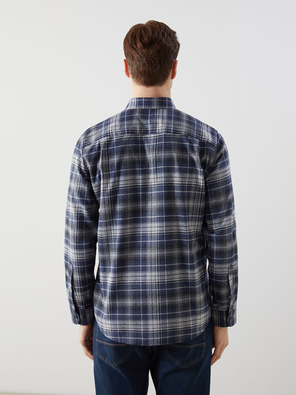 Lacivert Regular Fit Uzun Kollu Ekose Gabardin Erkek Gömlek-3