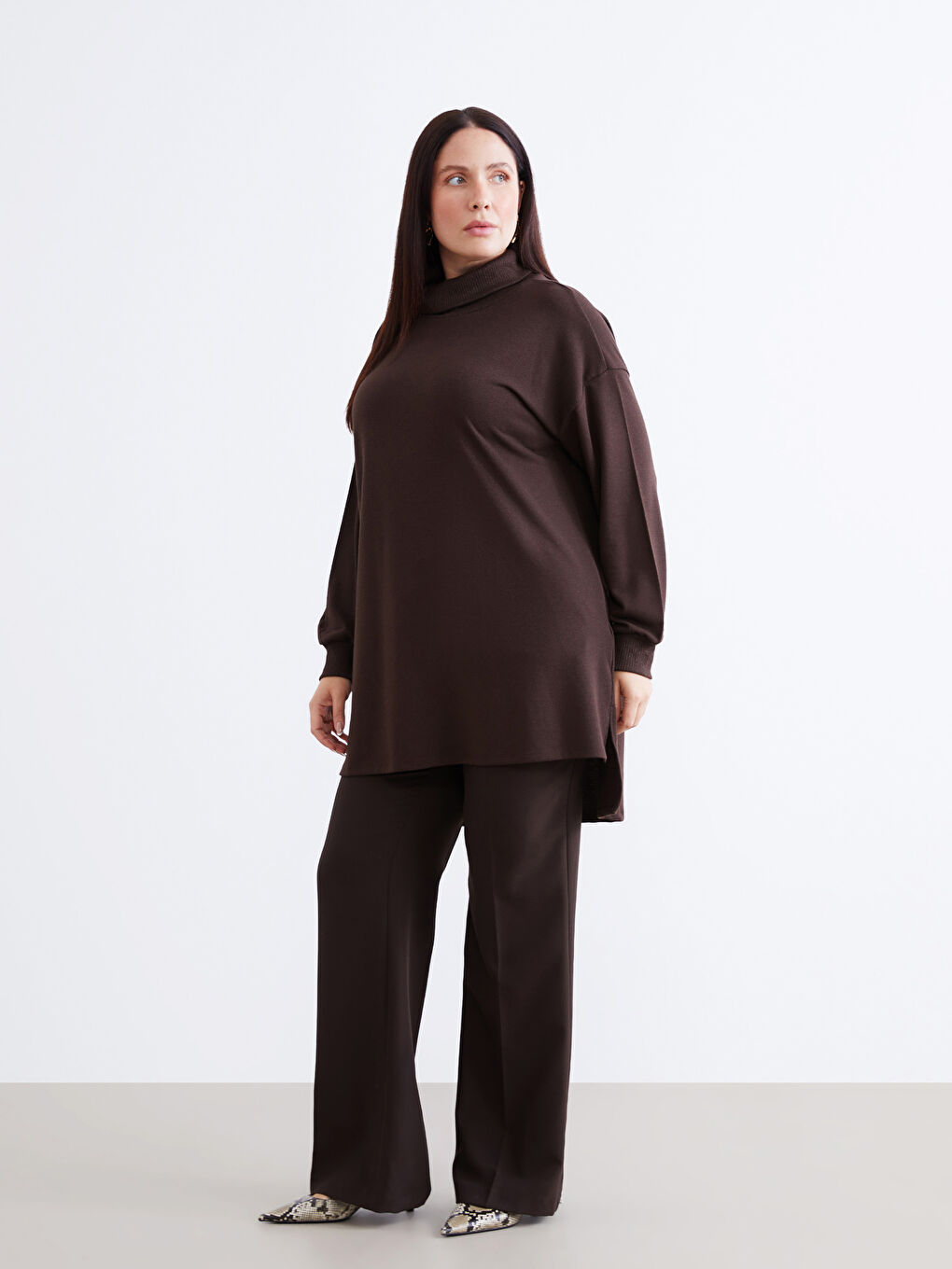 Kahverengi Balıkçı Yaka Oversize Kadın Tunik-6