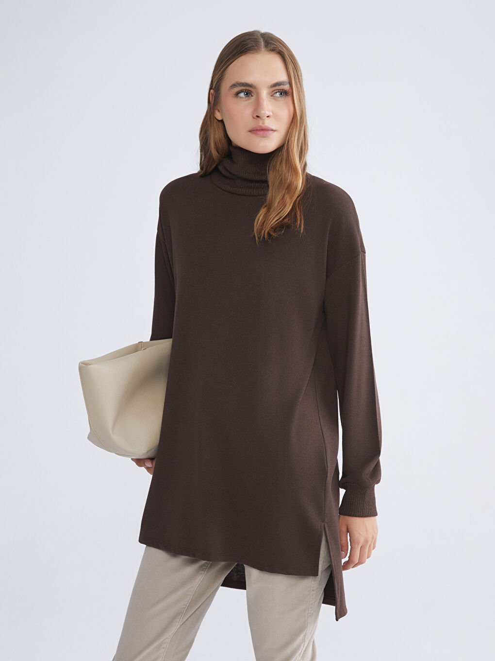 Kahverengi Balıkçı Yaka Oversize Kadın Tunik