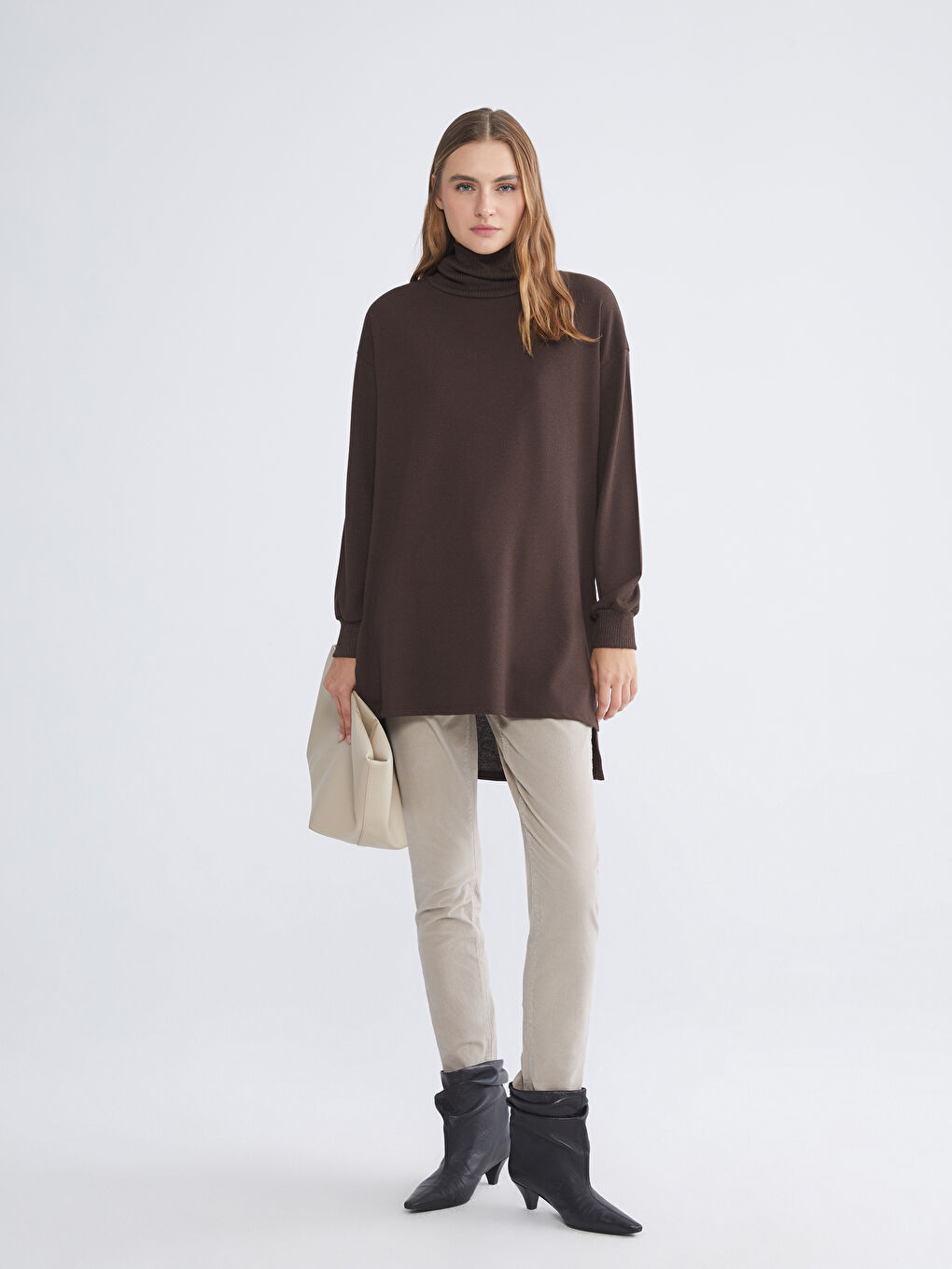 Kahverengi Balıkçı Yaka Oversize Kadın Tunik-2