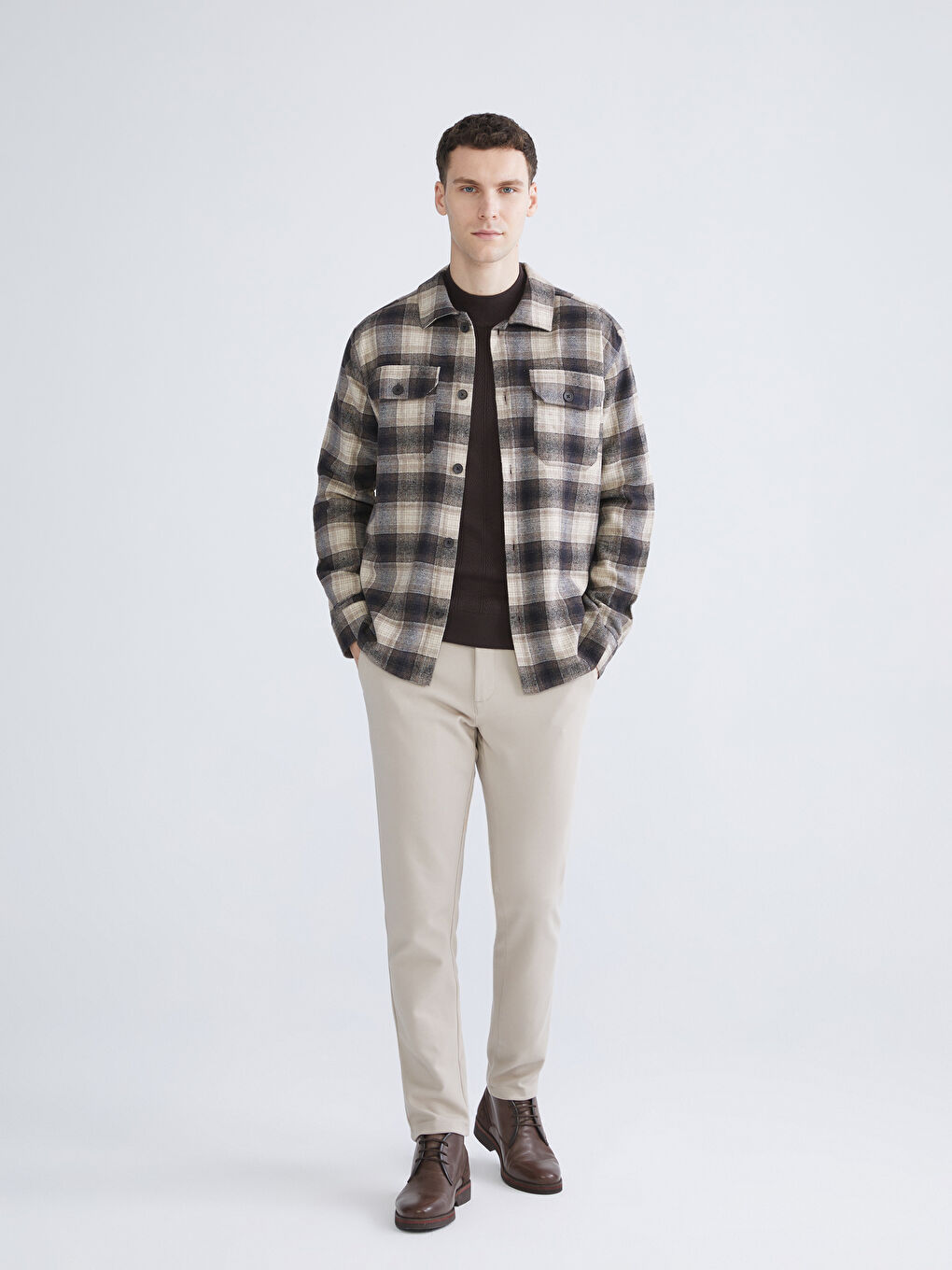 Bej Regular Fit Uzun Kollu Ekose Erkek Gömlek Ceket-1