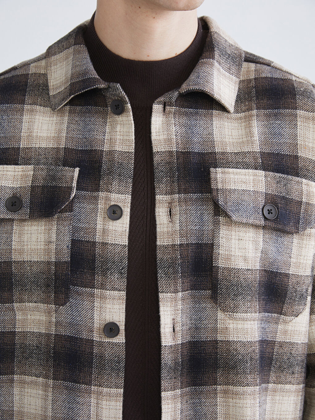 Bej Regular Fit Uzun Kollu Ekose Erkek Gömlek Ceket-2