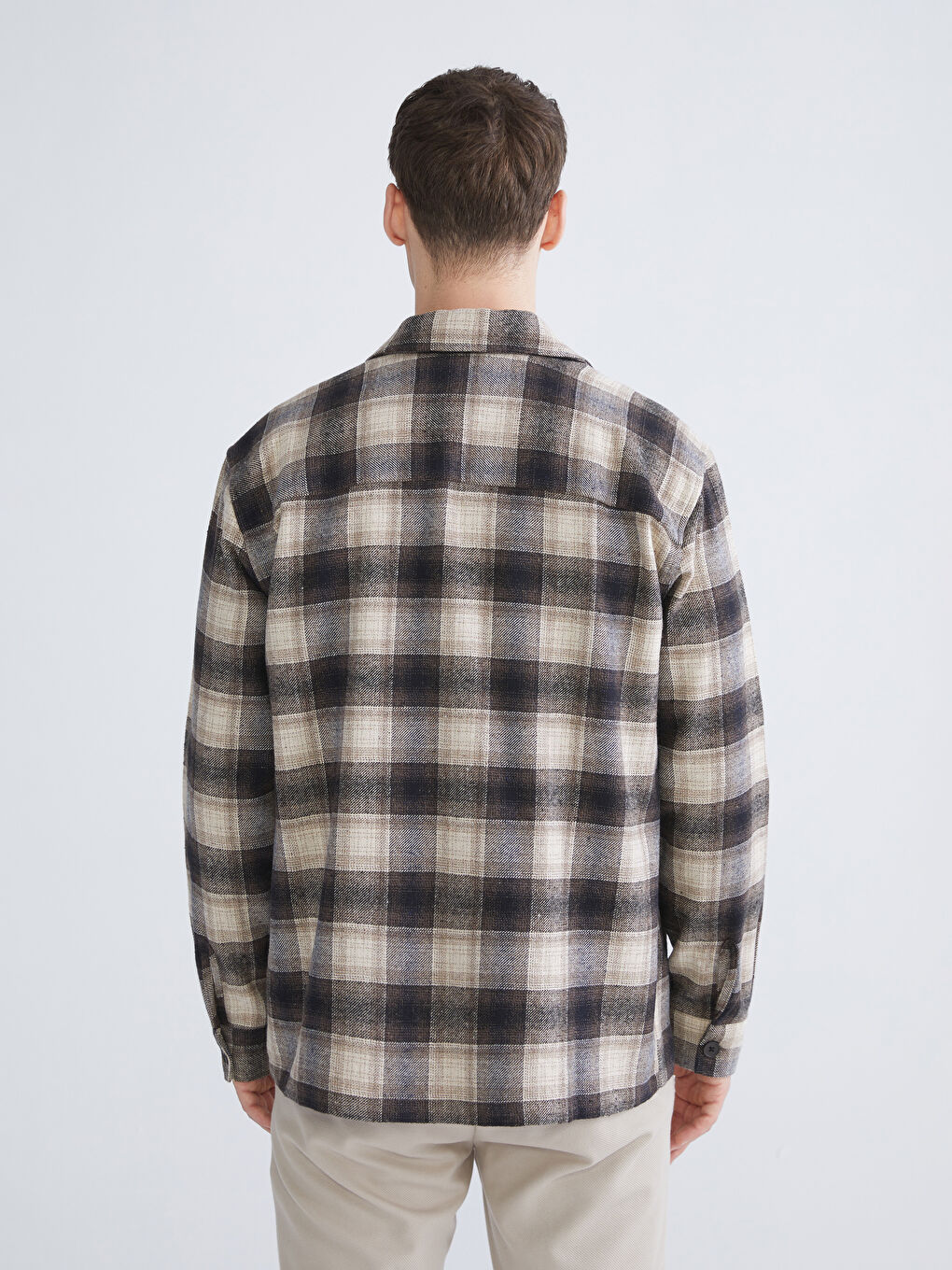 Bej Regular Fit Uzun Kollu Ekose Erkek Gömlek Ceket-3