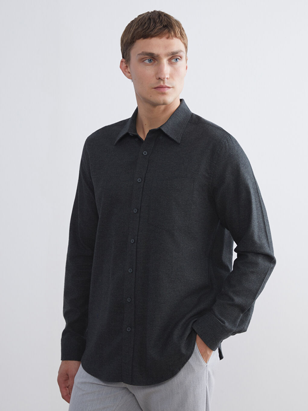 Regular Fit Long Sleeve Dobby Fabric Men's Shirt