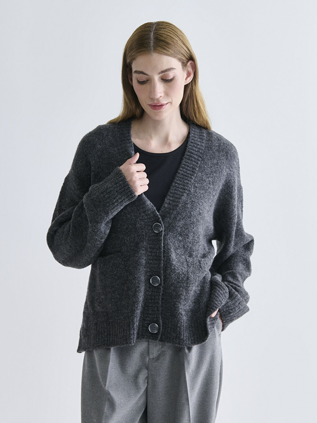 Antrasit V Yaka Oversize Kadın Triko Hırka