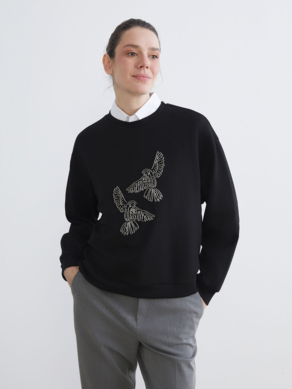 Crew Neck Rhinestone Embellished Oversize Women's Sweatshirt