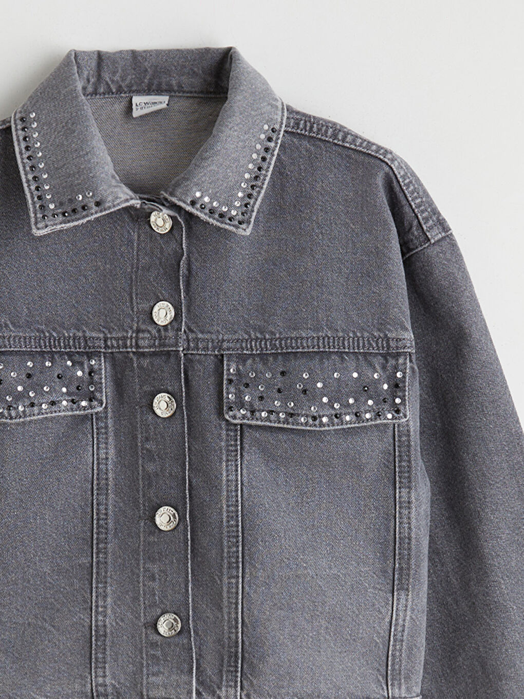 Gri Taşlı Kız Çocuk Jean Ceket-4