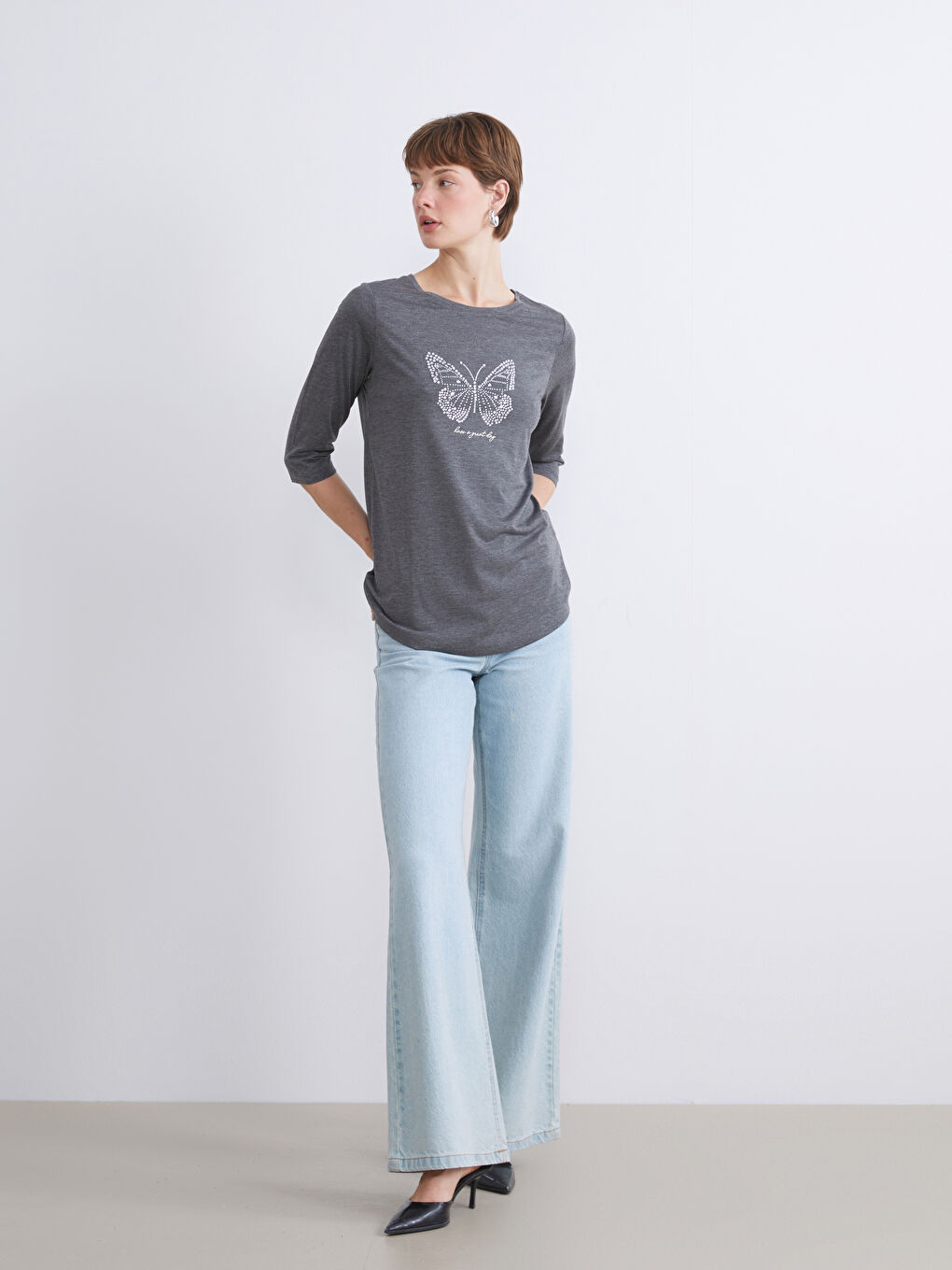 Crew Neck Rhinestone Embellished Women's T-Shirt-3