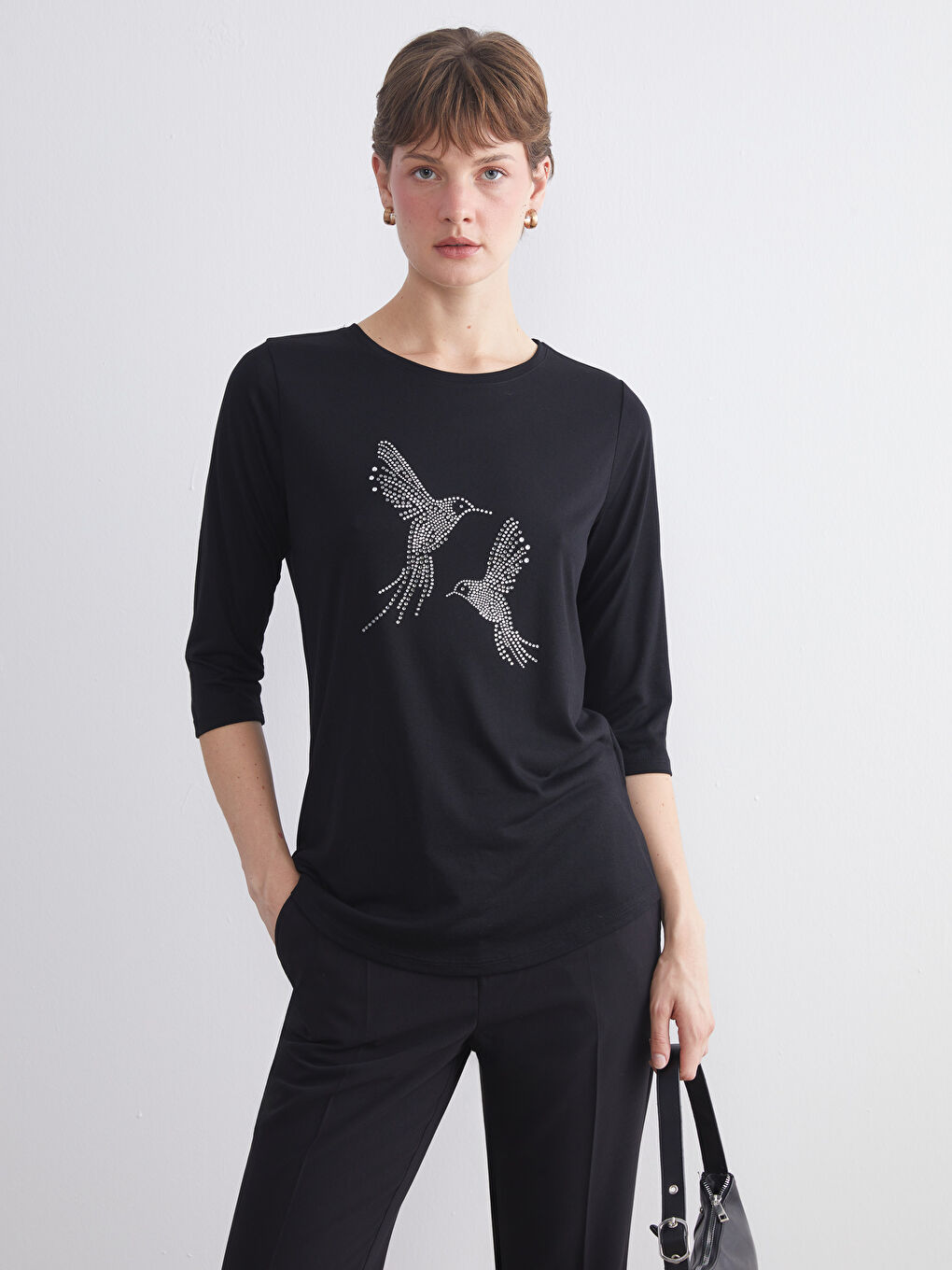 Crew Neck Beaded Embellished Women's T-Shirt