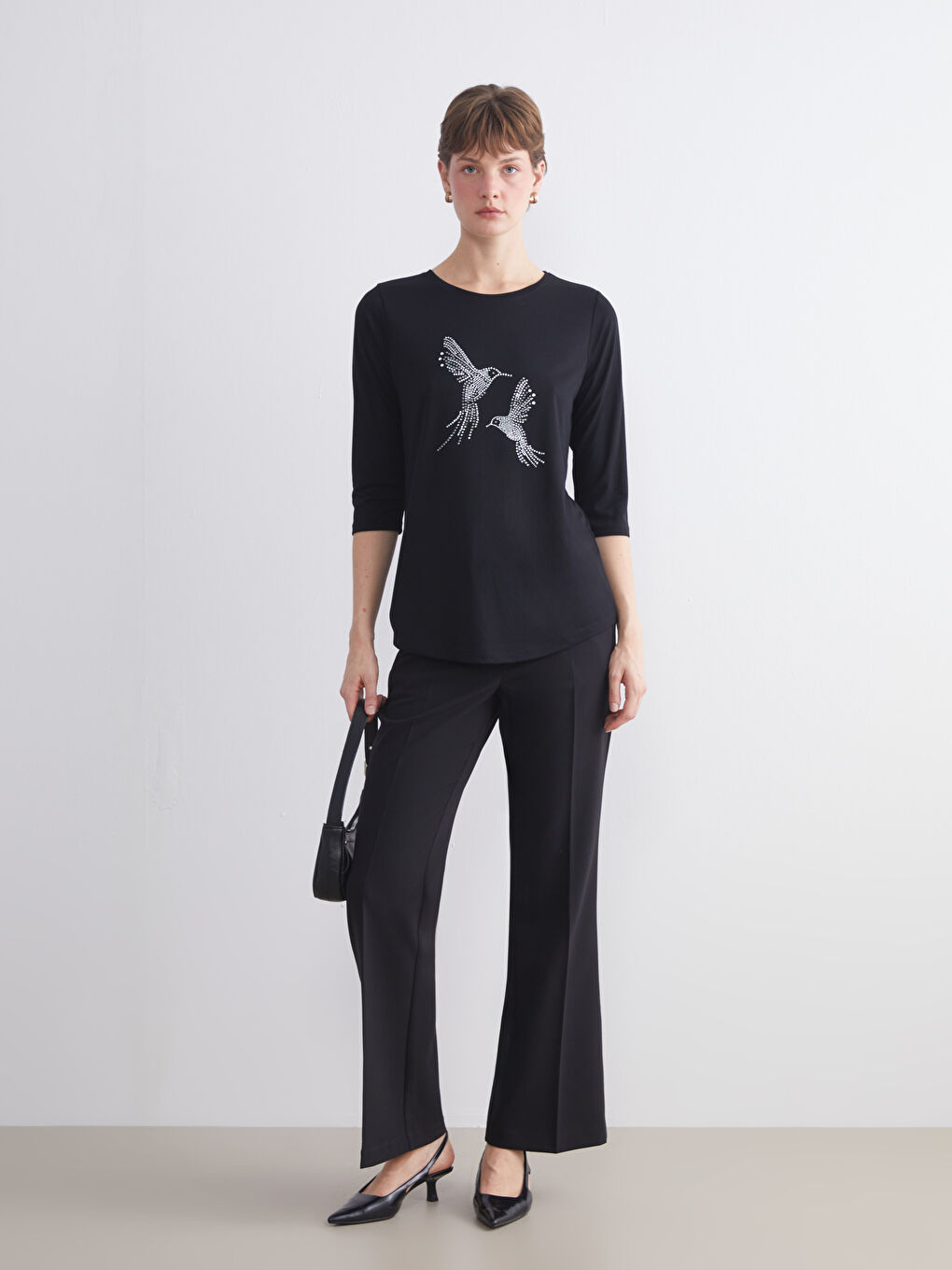 Crew Neck Beaded Embellished Women's T-Shirt-1