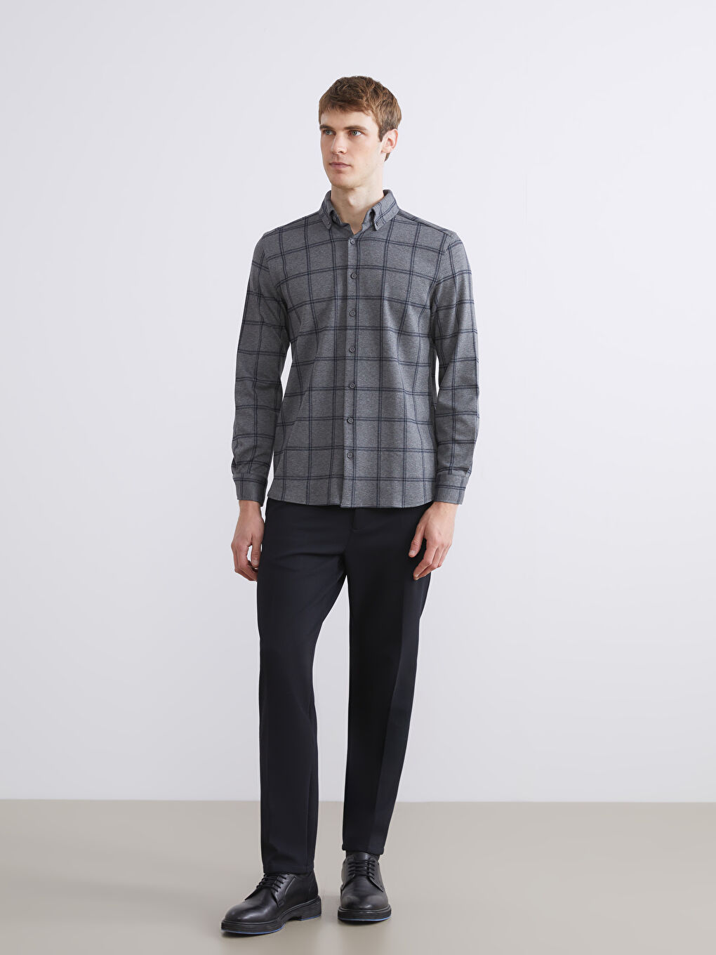 قميص الفانيلا كم طويل كارو قصة مريحة رجال-1