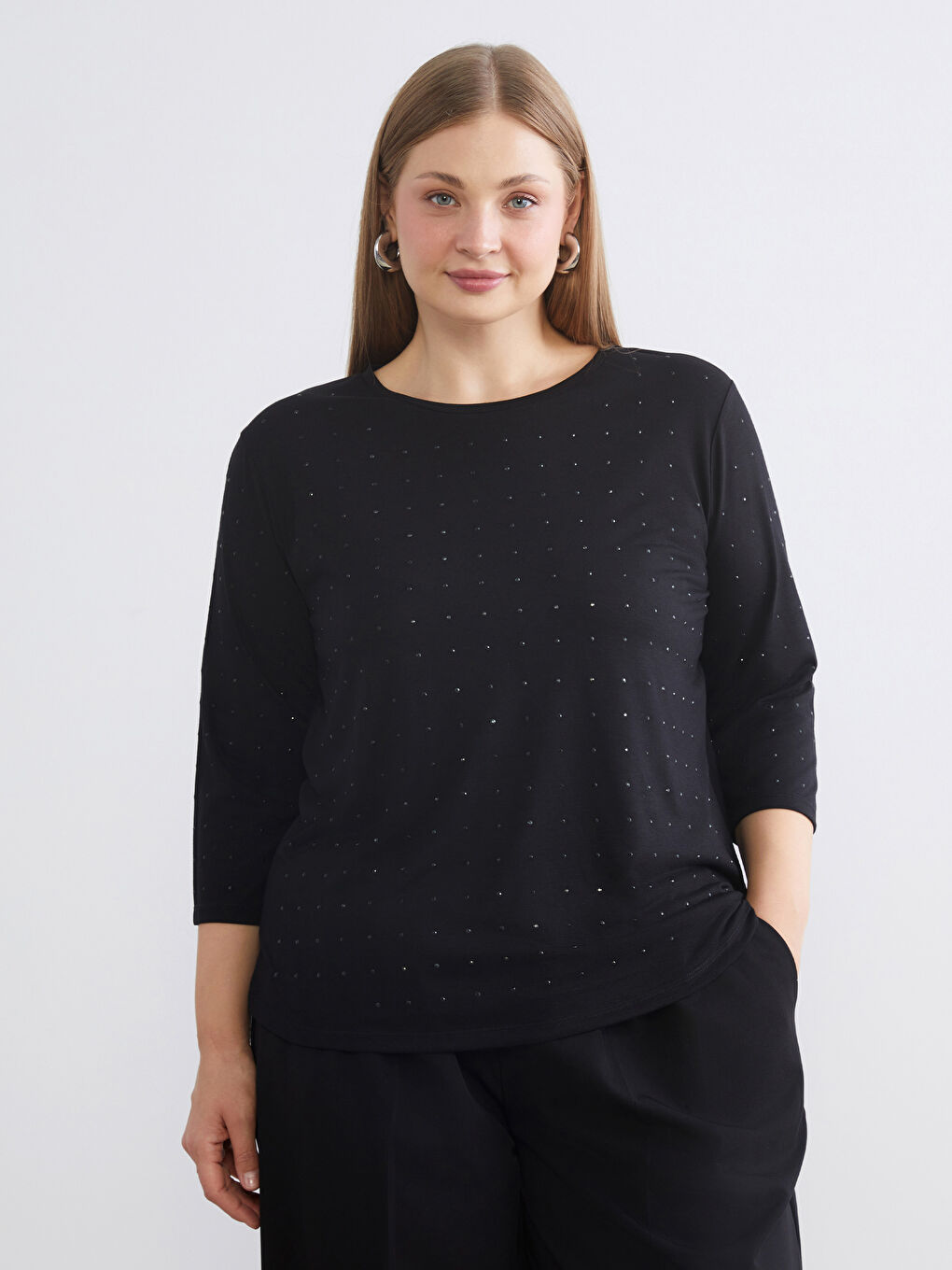 Crew Neck Rhinestone Embellished Blouse-1