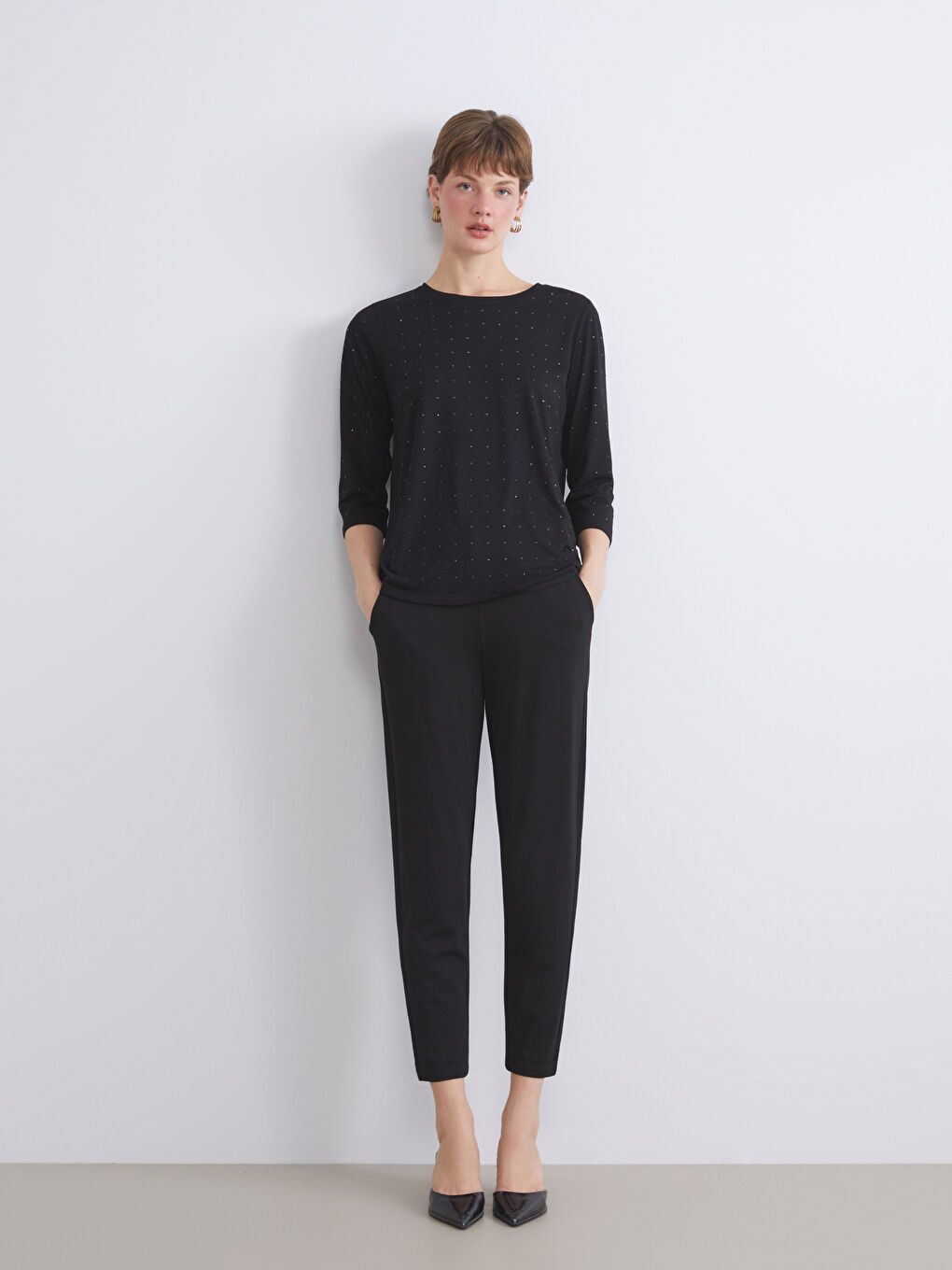Crew Neck Rhinestone Embellished Blouse-2