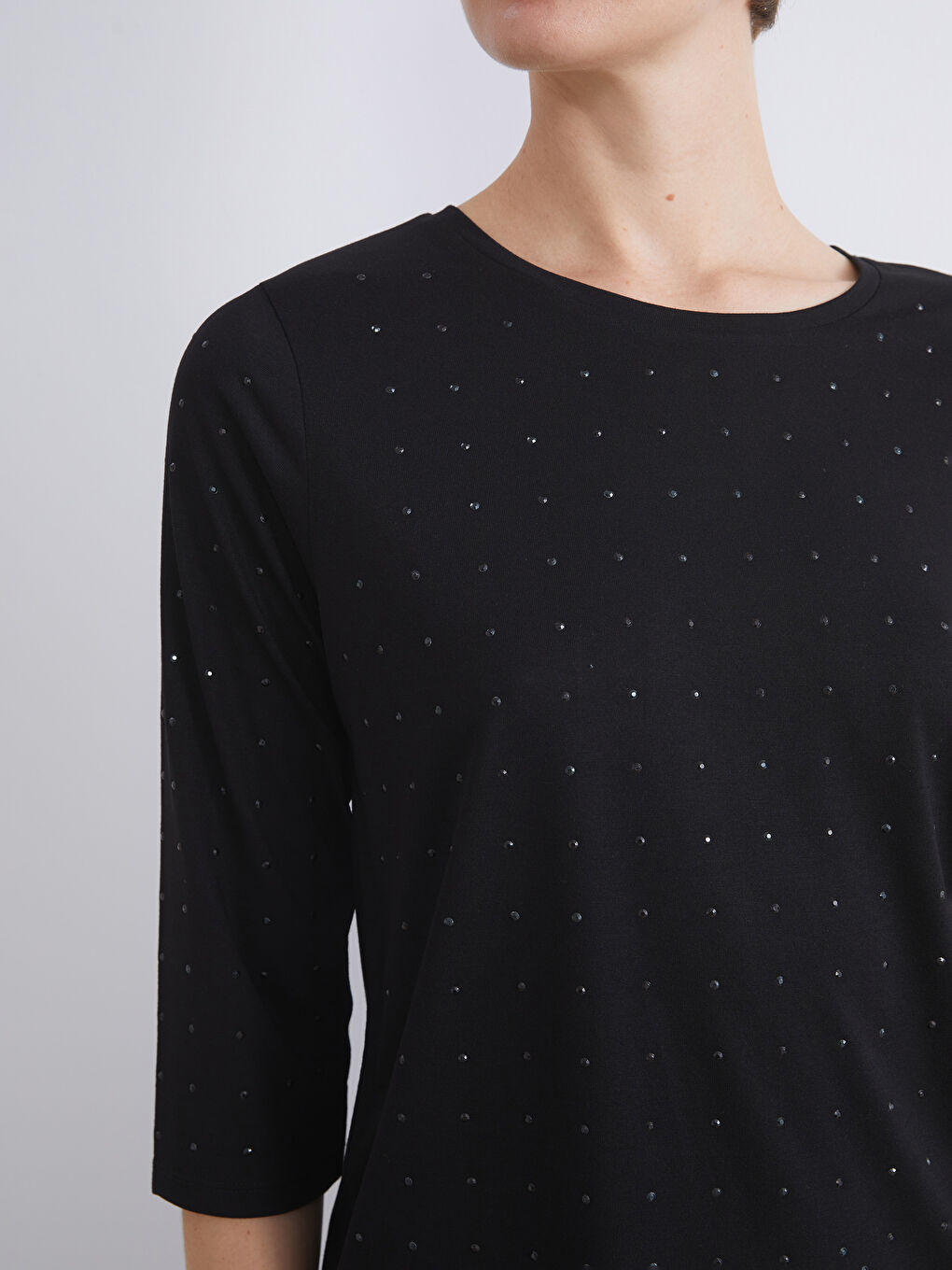 Crew Neck Rhinestone Embellished Blouse-3