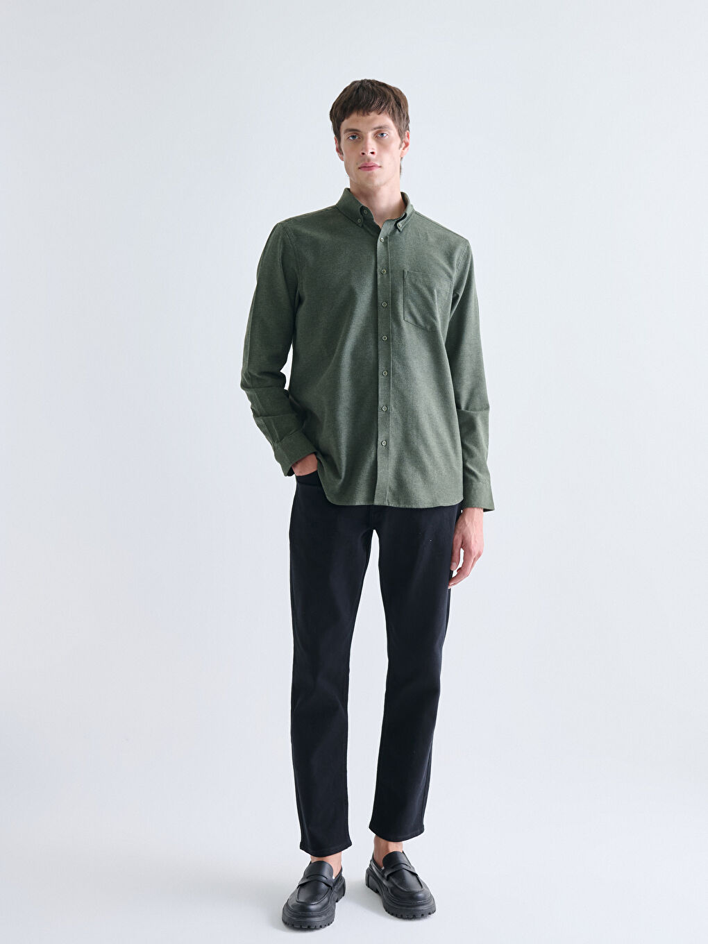 Haki Regular Fit Uzun Kollu Erkek Oduncu Gömlek-1