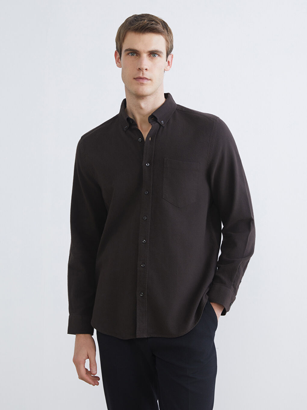 Kahverengi Regular Fit Uzun Kollu Erkek Oduncu Gömlek