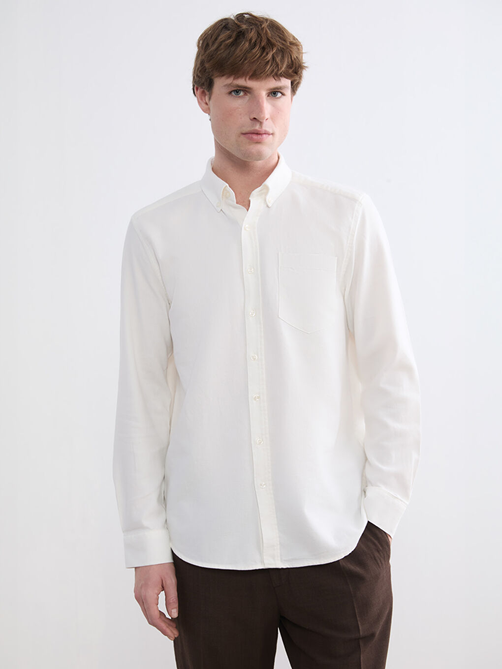 Beyaz Regular Fit Uzun Kollu Erkek Oduncu Gömlek-1