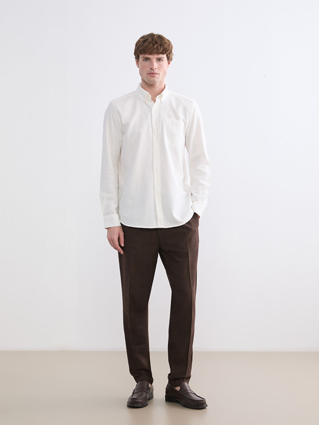 Beyaz Regular Fit Uzun Kollu Erkek Oduncu Gömlek-2