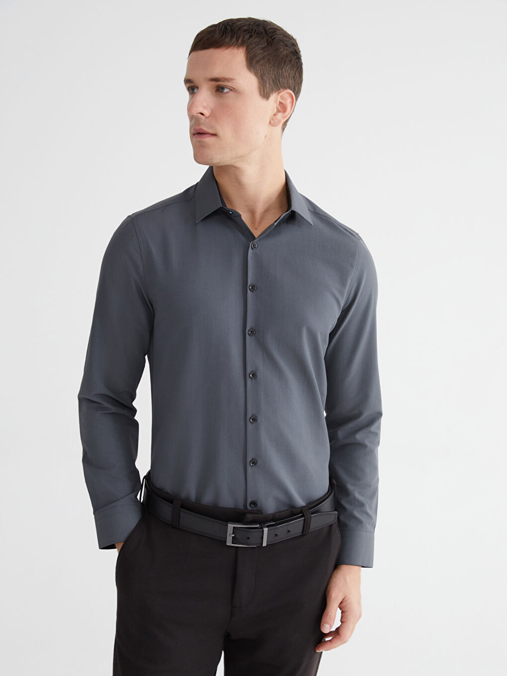 Antrasit Slim Fit Uzun Kollu Poplin Erkek Gömlek