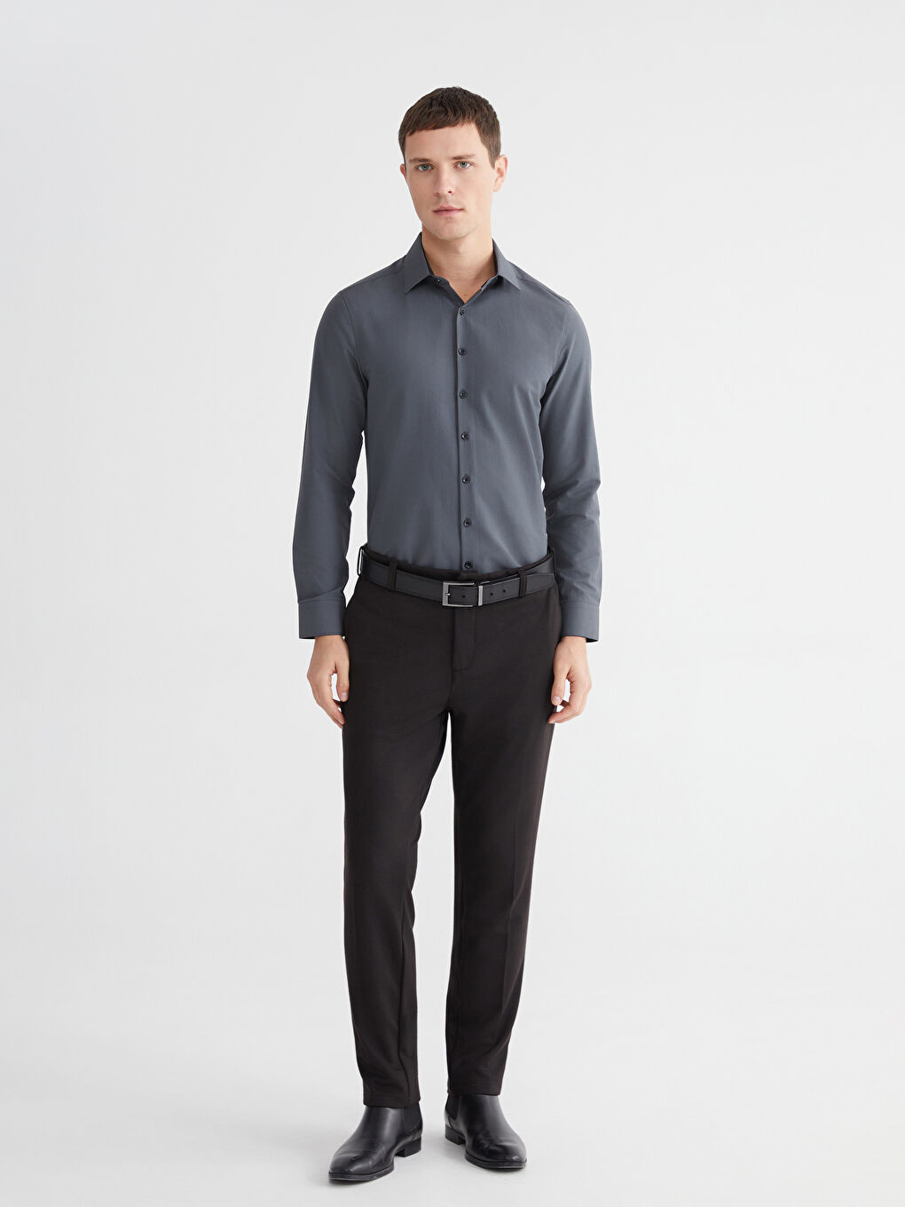 Antrasit Slim Fit Uzun Kollu Poplin Erkek Gömlek-1