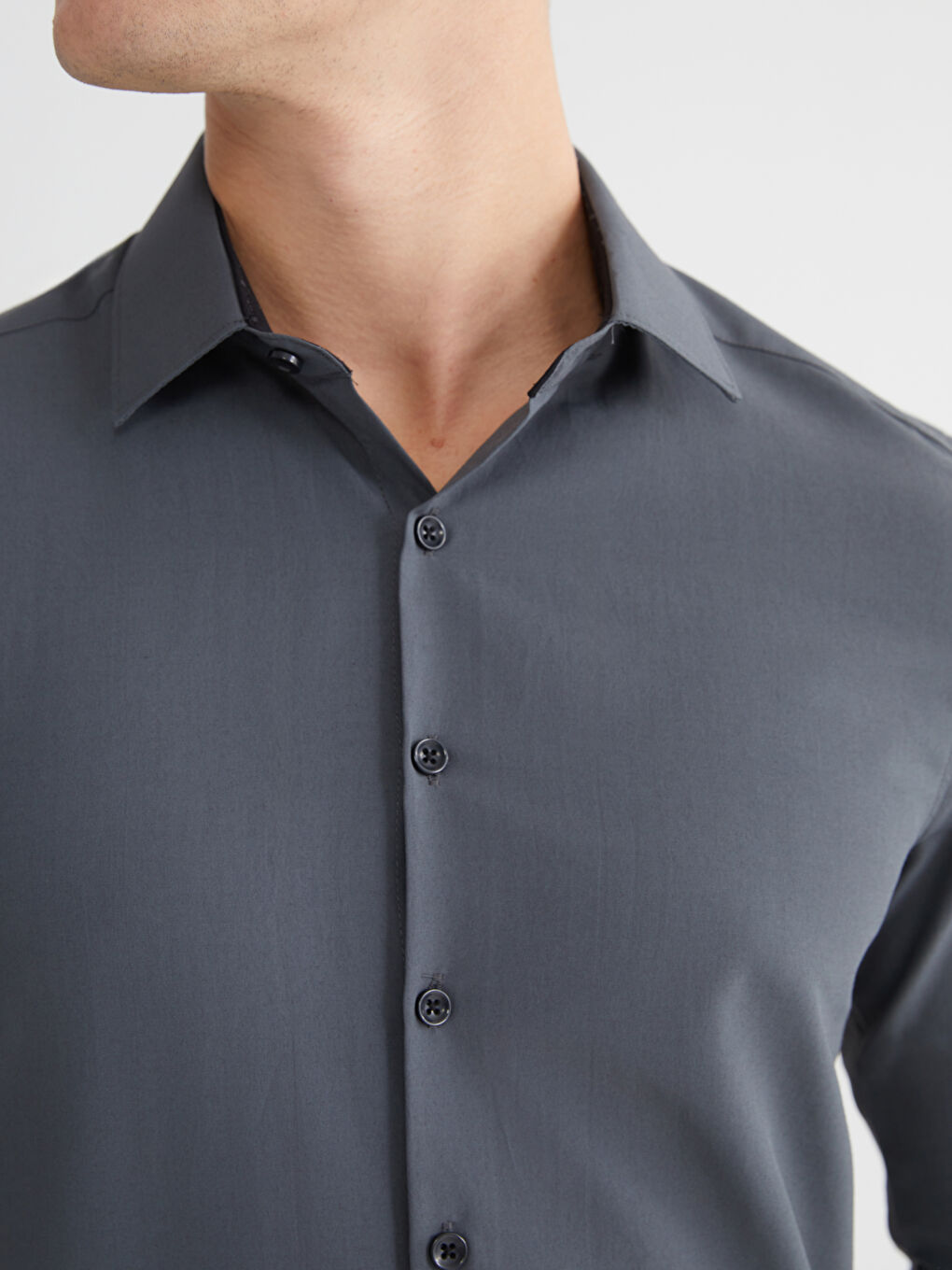 Antrasit Slim Fit Uzun Kollu Poplin Erkek Gömlek-2