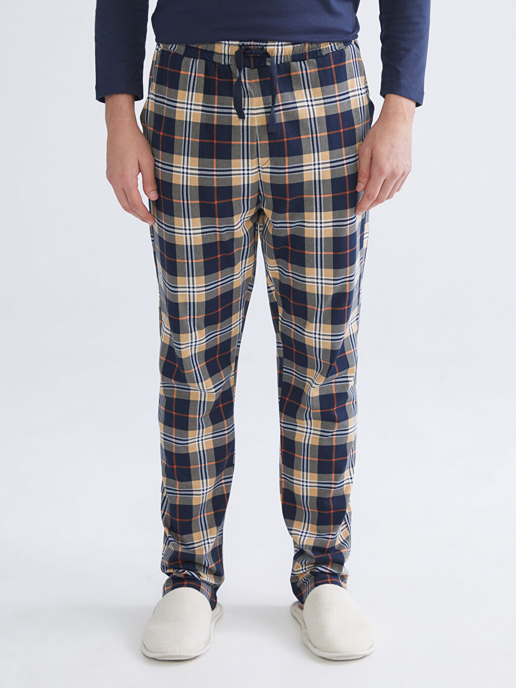 Bej Standart Kalıp Ekose Erkek Pijama Alt-1